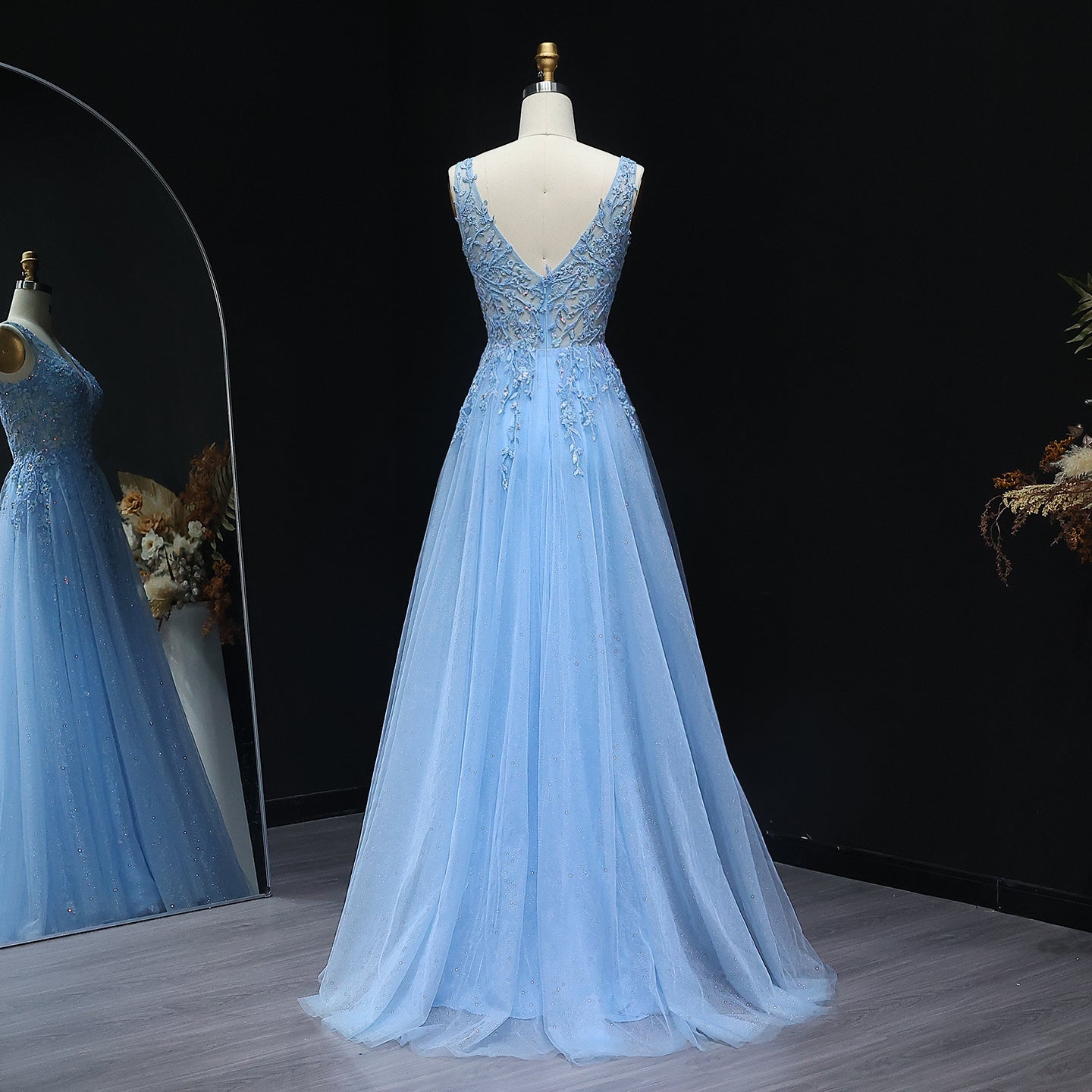Luxury Blue Embroidery V-Neck Tulle Long Prom Dresses with Overskirt Wedding Birthday Party Gowns