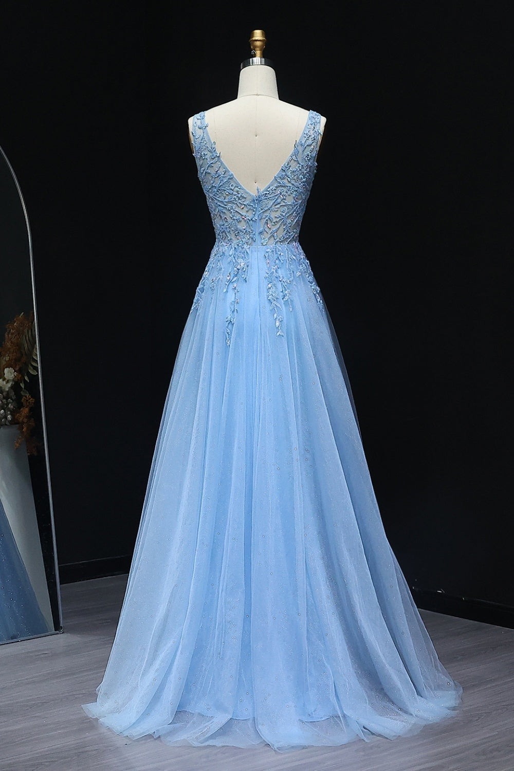 Luxury Blue Embroidery V-Neck Tulle Long Prom Dresses with Overskirt SH223 Sheer Fairy
