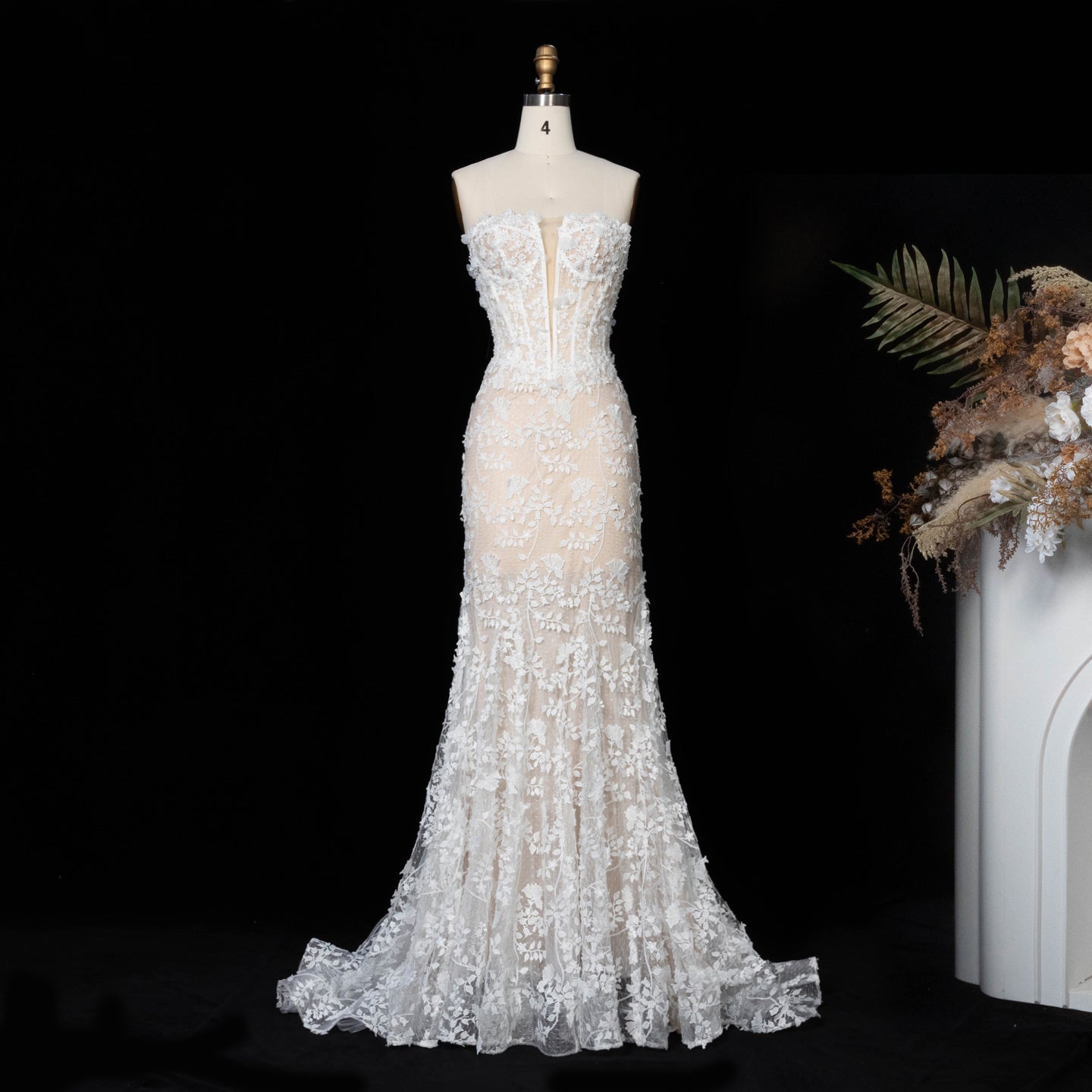 White Nude Lace Fairytale  Mermaid Wedding Dress 3D Floral  Train  SW649 Sheer Fairy