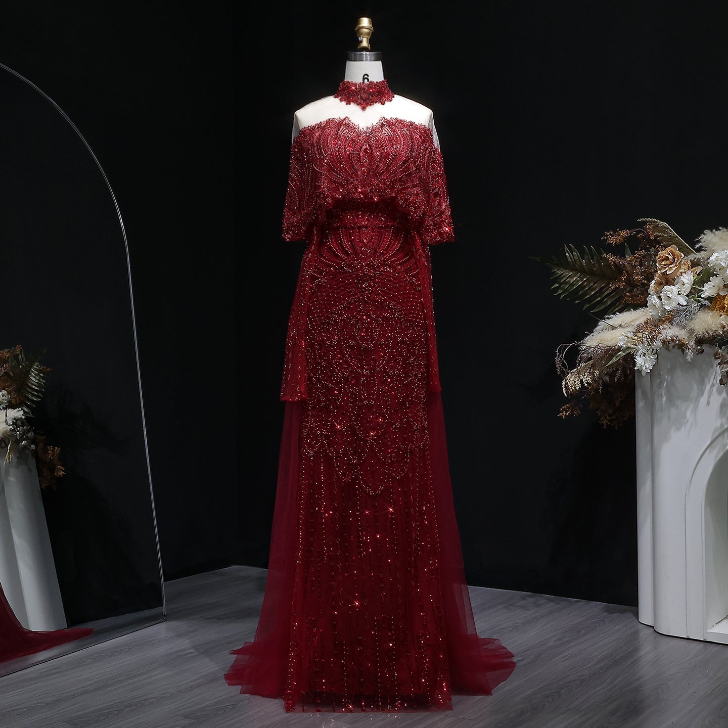 Luxury Champagne Beaded High Neck Cape Sleeve Mermaid Evening Gown SS557 Sheer Fairy