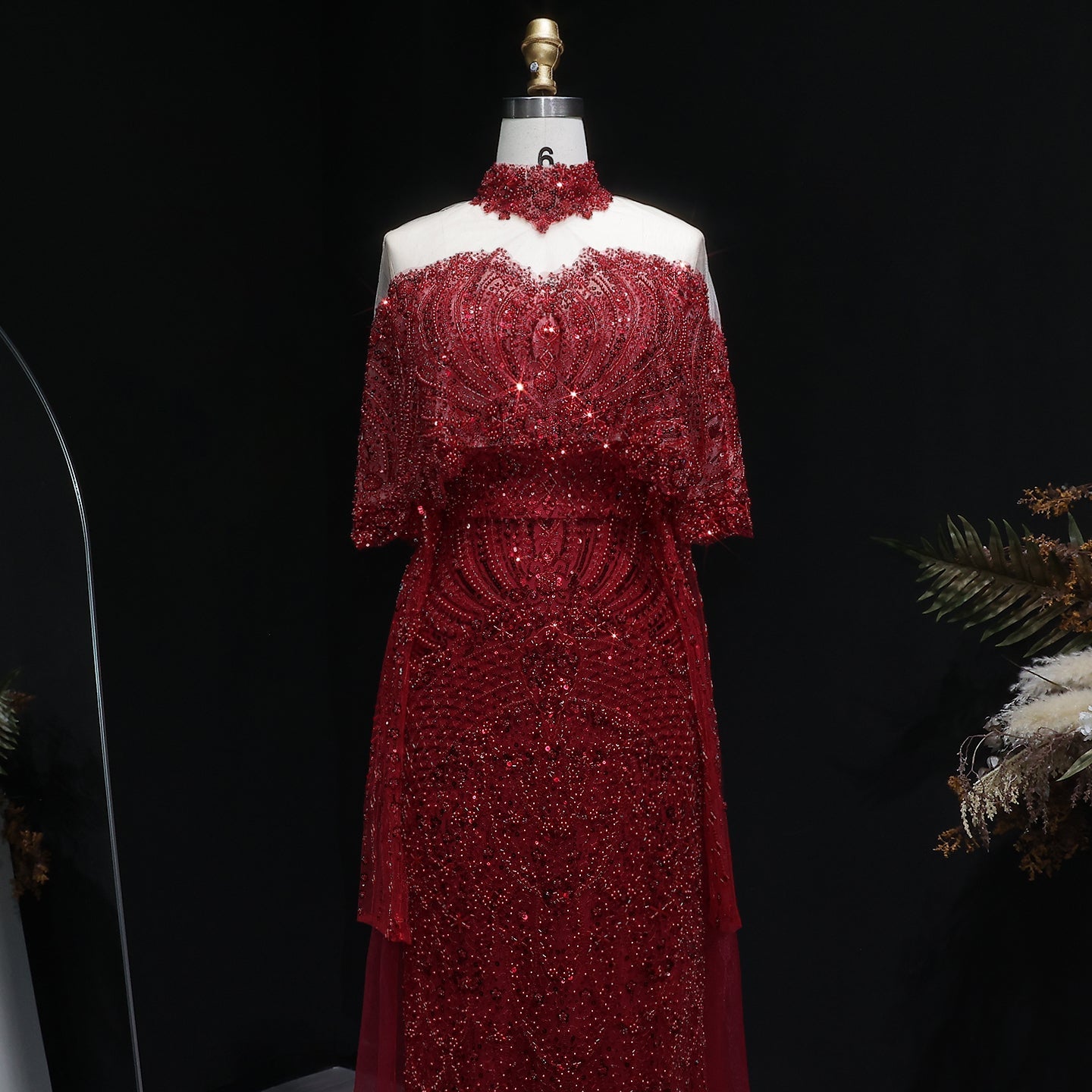 Luxury Champagne Beaded High Neck Cape Sleeve Mermaid Evening Gown SS557 Sheer Fairy
