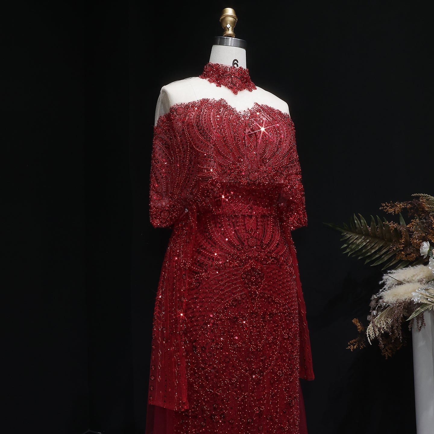 Luxury Champagne Beaded High Neck Cape Sleeve Mermaid Evening Gown SS557 Sheer Fairy