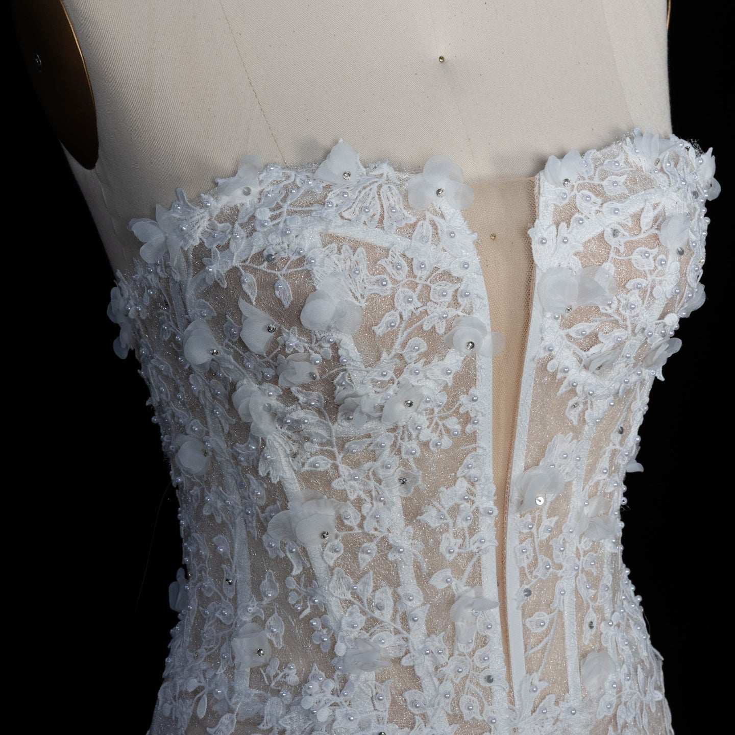 White Nude Lace Fairytale  Mermaid Wedding Dress 3D Floral  Train  SW649 Sheer Fairy