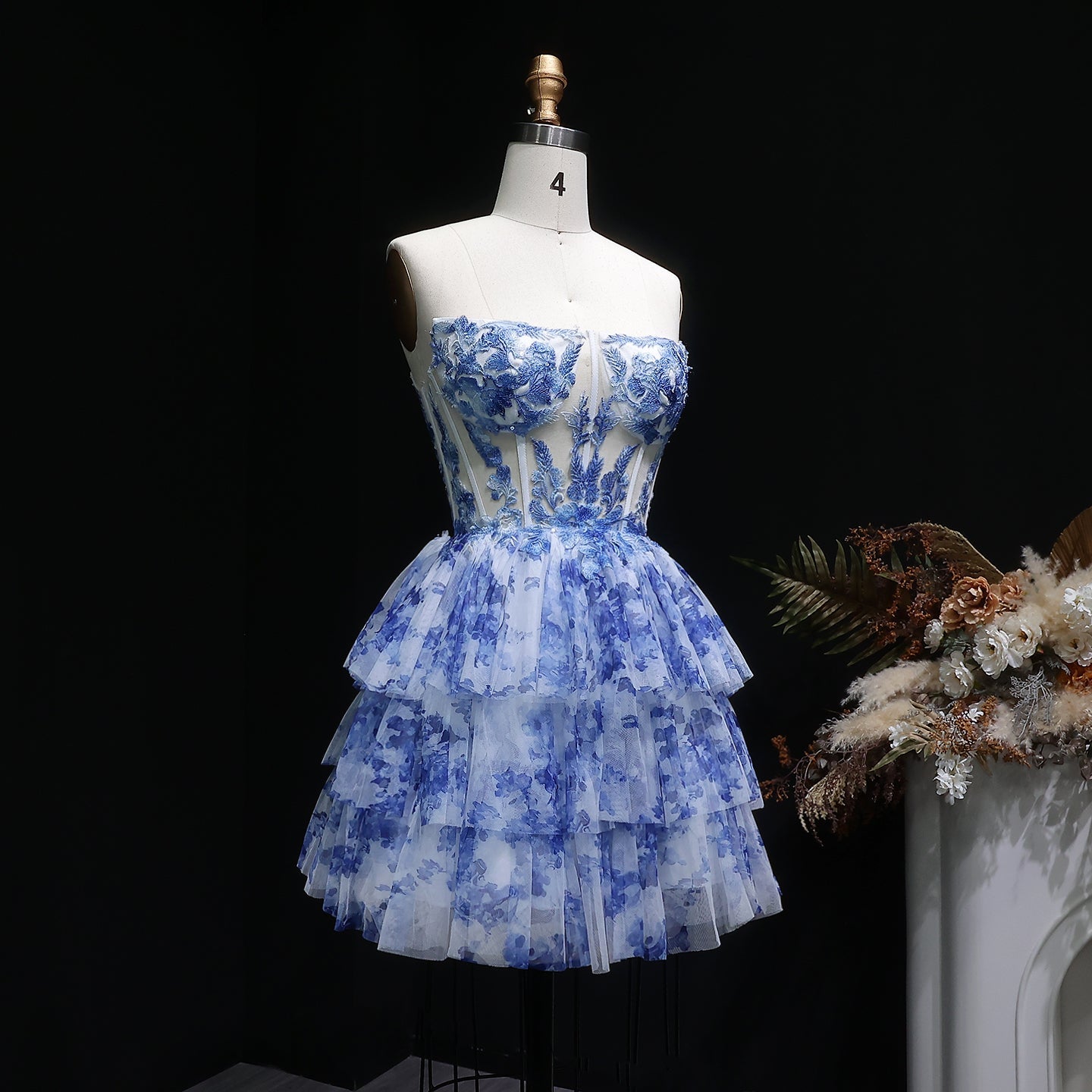 Blue Watercolor Print Strapless Mini Ballgown Homecoming Dress RM127 Sheer Fairy
