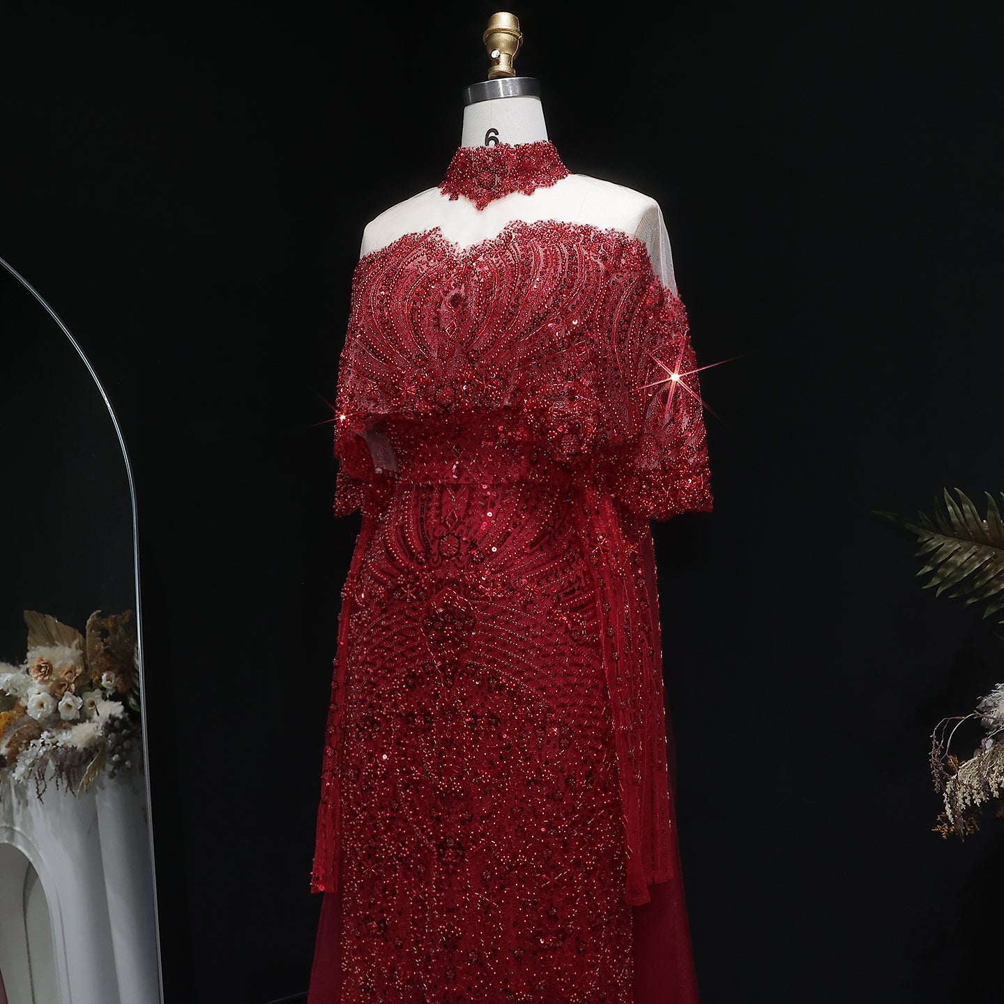 Luxury Champagne Beaded High Neck Cape Sleeve Mermaid Evening Gown SS557 Sheer Fairy