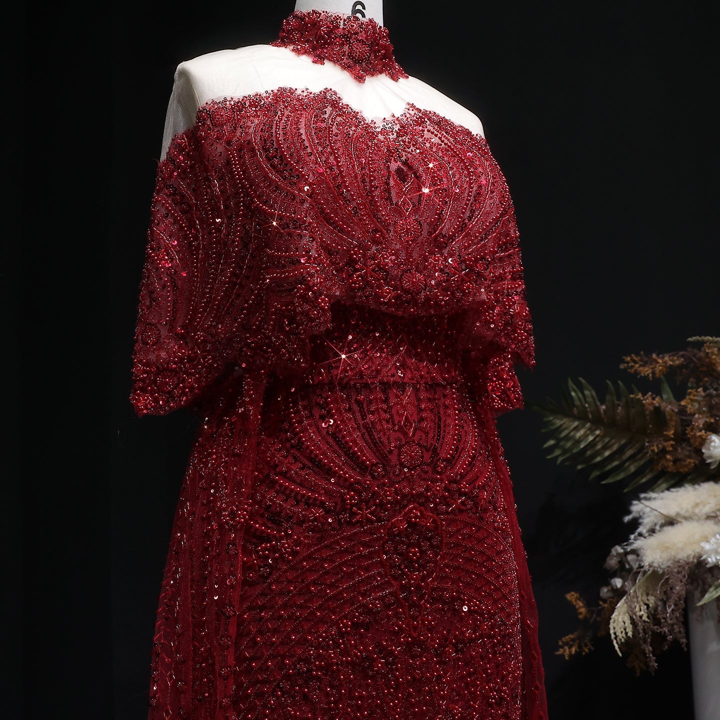 Luxury Champagne Beaded High Neck Cape Sleeve Mermaid Evening Gown SS557 Sheer Fairy