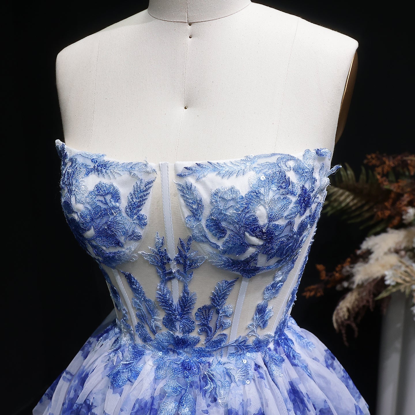 Blue Watercolor Print Strapless Mini Ballgown Homecoming Dress RM127 Sheer Fairy