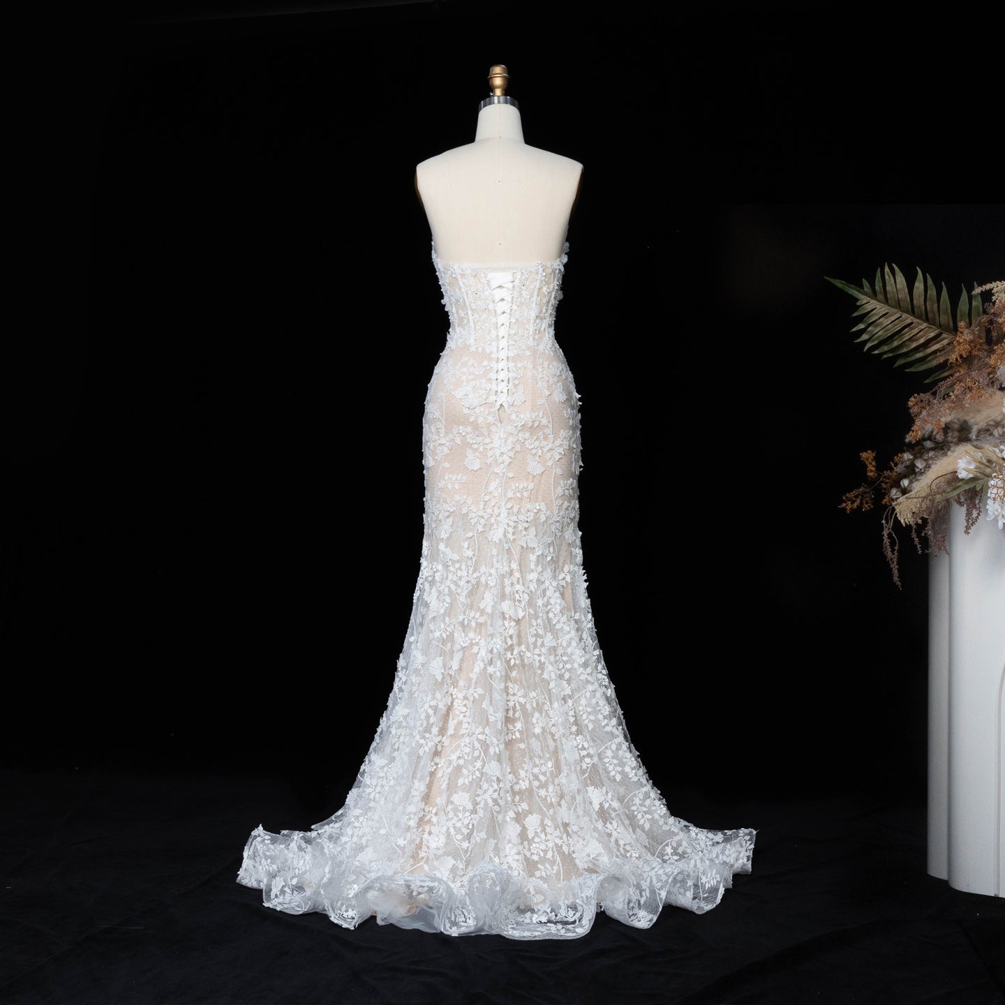 White Nude Lace Fairytale  Mermaid Wedding Dress 3D Floral  Train  SW649 Sheer Fairy