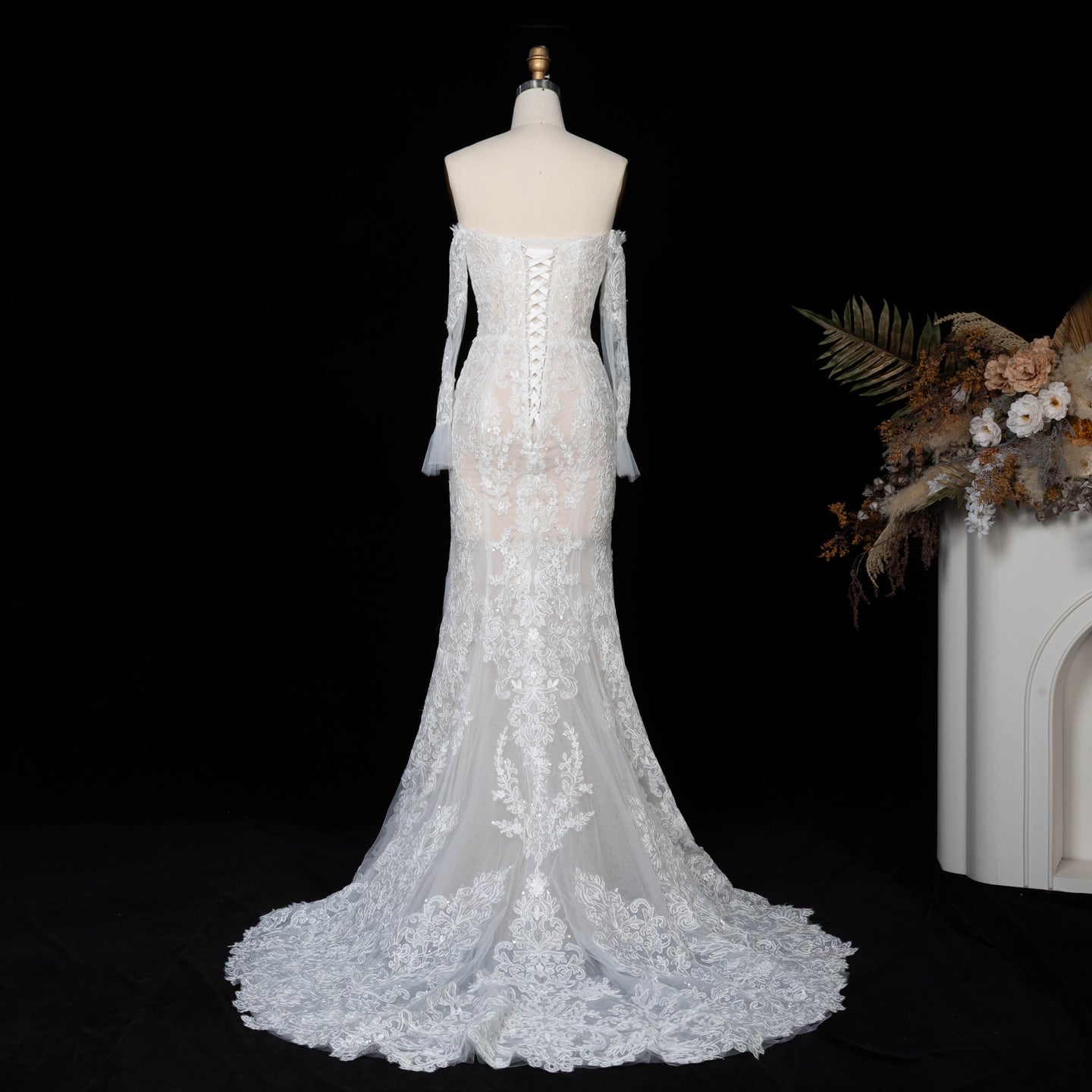 Off White  Lace Stunning Feminine Mermaid Wedding Dress Train  SW650 Sheer Fairy