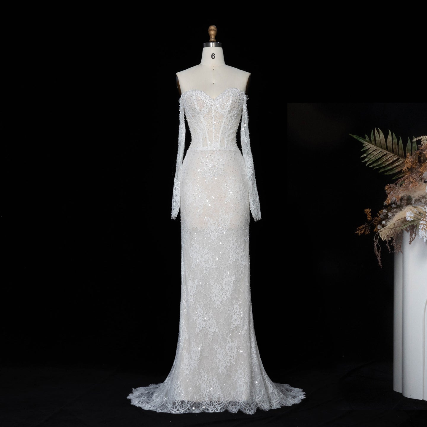 White Boho Romantic Lace Mermaid Wedding Dress Beaded Sequins With Lace Train SW627 Sheer Fairy