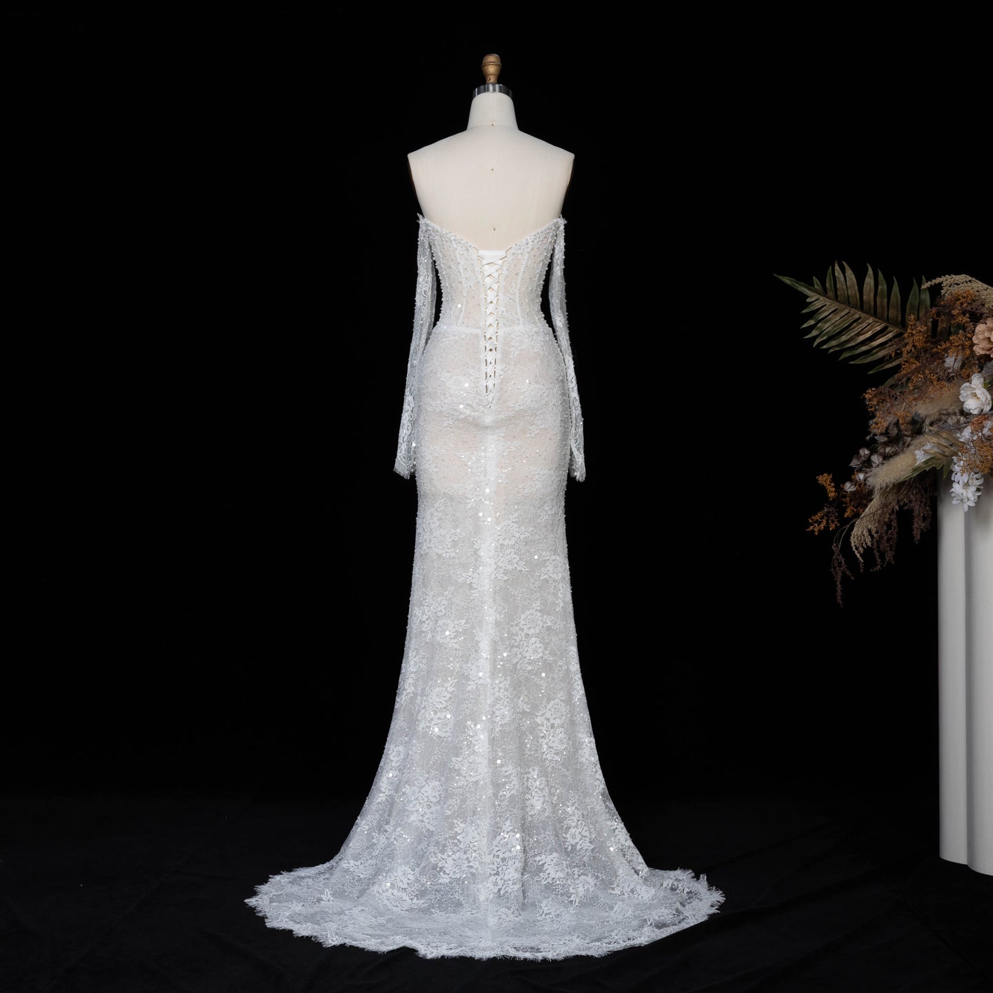 White Boho Romantic Lace Mermaid Wedding Dress Beaded Sequins With Lace Train SW627 Sheer Fairy