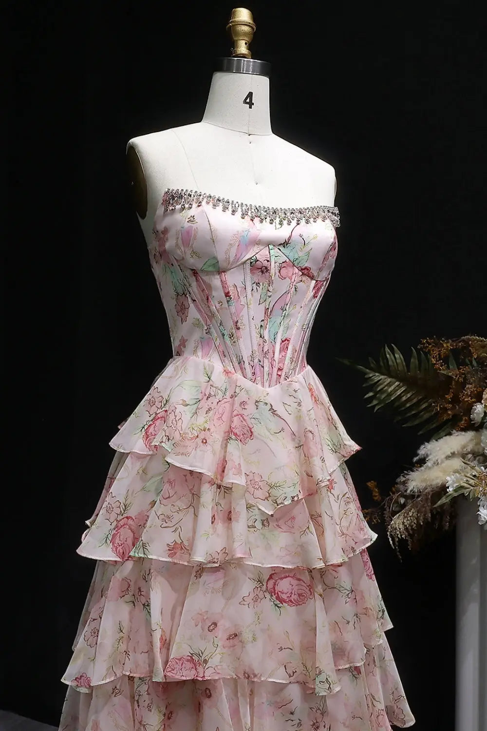 Organza Yellow Floral Strapless Ball Gown Prom Dress SH401 Sheer Fairy