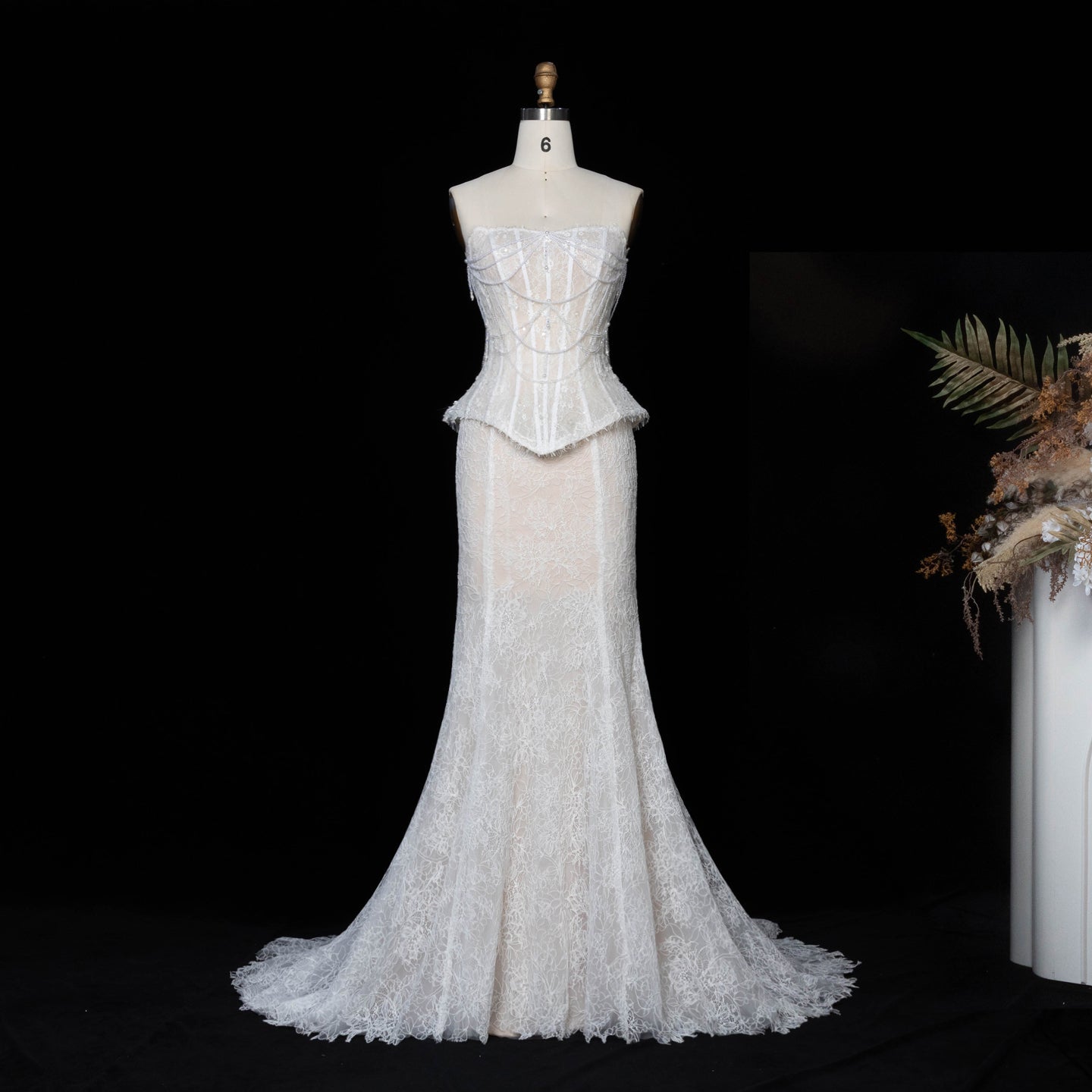 White Nude  Mermaid Wedding Dress Beaded Chain Detailing With Lace Train  SW626 Sheer Fairy