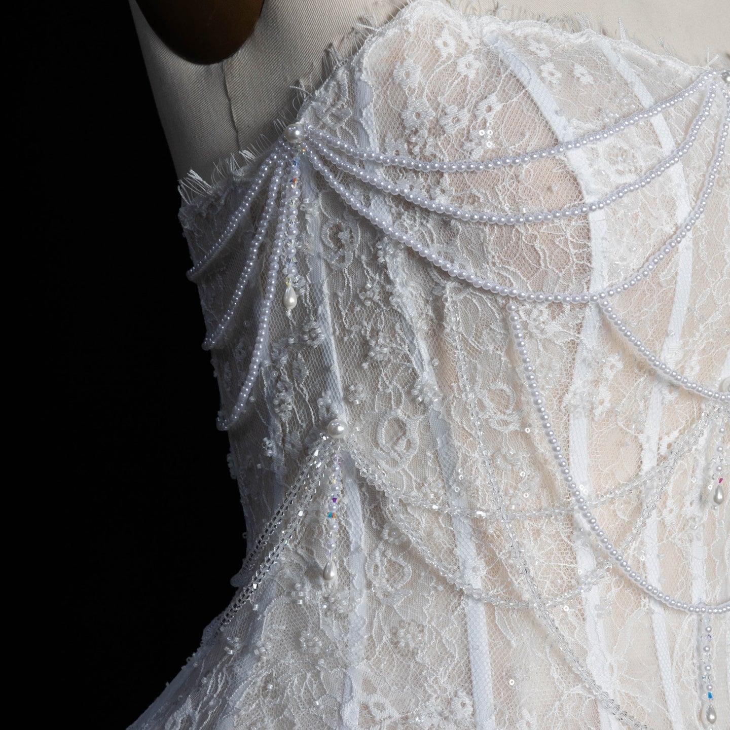 White Nude  Mermaid Wedding Dress Beaded Chain Detailing With Lace Train  SW626 Sheer Fairy