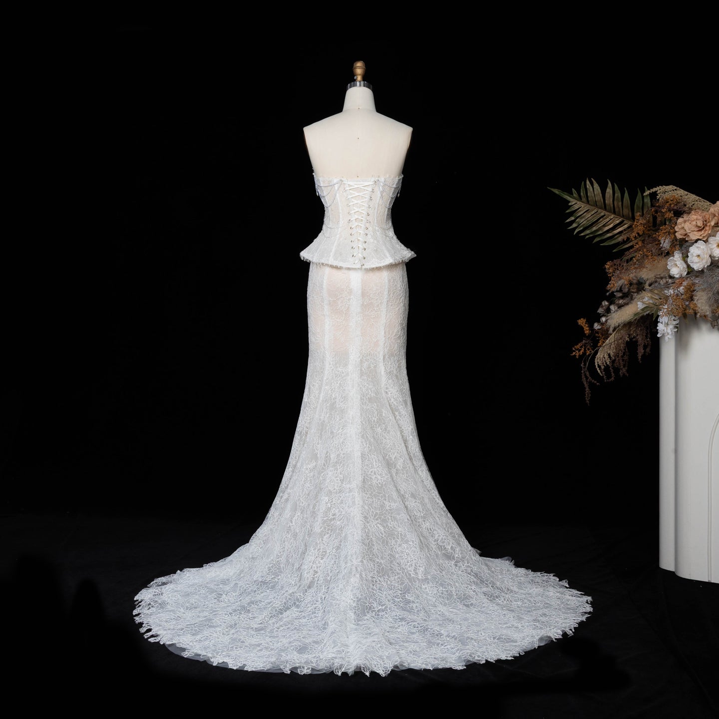 White Nude  Mermaid Wedding Dress Beaded Chain Detailing With Lace Train  SW626 Sheer Fairy