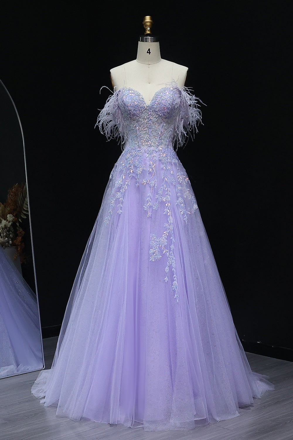 Lavender Tulle Ballgown Lilac Prom Dress with Feather Accents SH231 Sheer Fairy