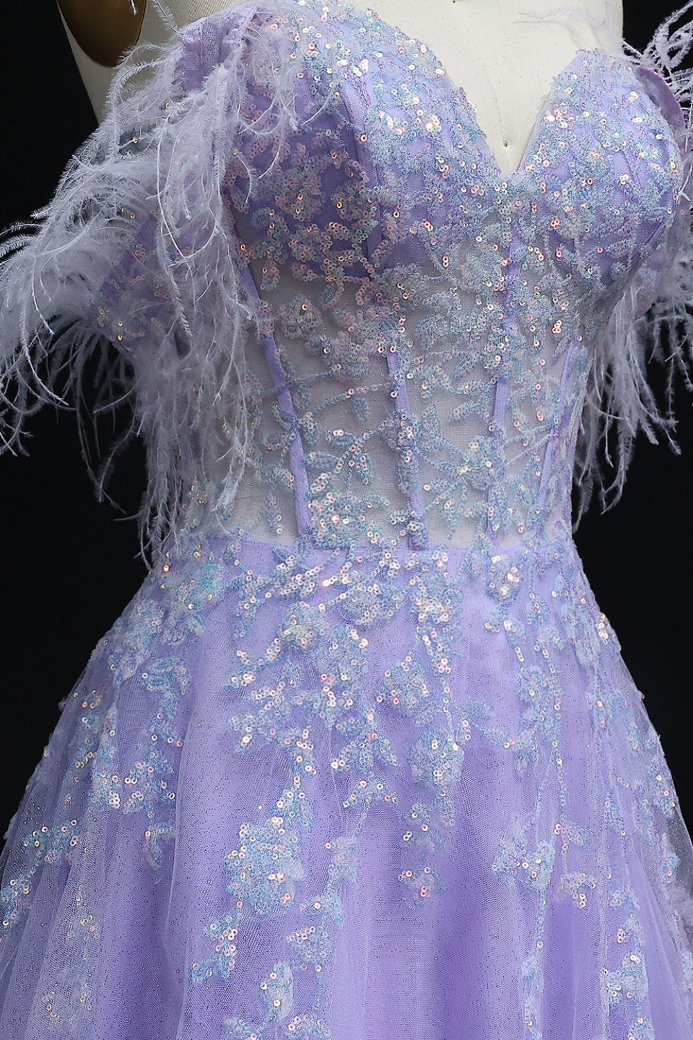 Lavender Tulle Ballgown Lilac Prom Dress with Feather Accents SH231 Sheer Fairy