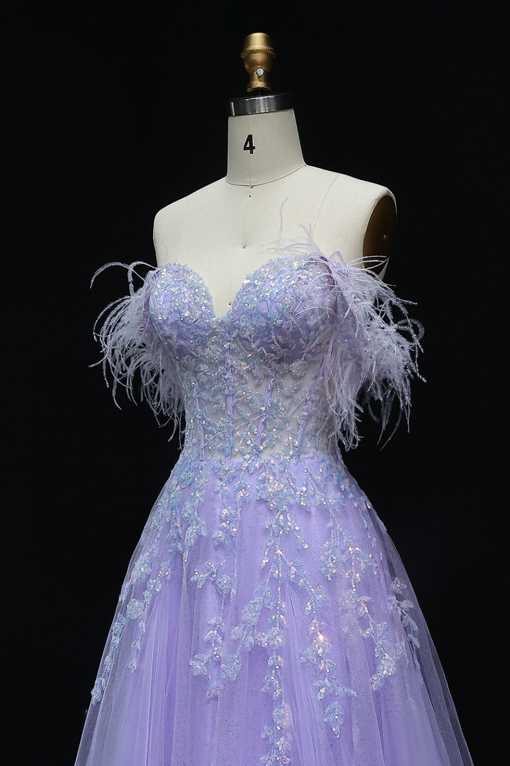 Lavender Tulle Ballgown Lilac Prom Dress with Feather Accents SH231 Sheer Fairy