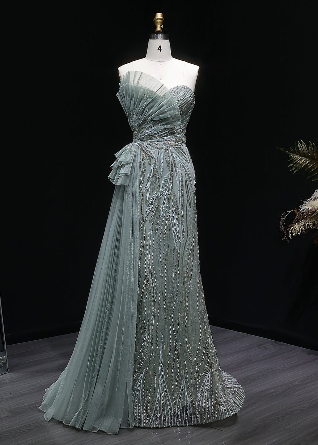 Sage Green One-Shoulder Beaded Tulle Mermaid Prom Dress Evening Gown with Ruffle SH064 Sheer Fairy