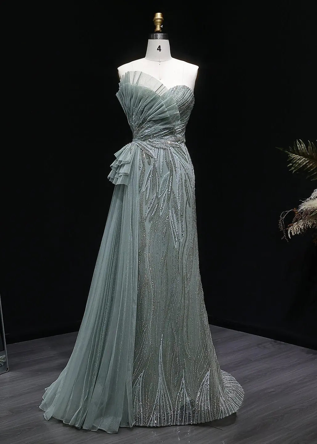 Sage Green One-Shoulder Beaded Tulle Mermaid Prom Dress Evening Gown with Ruffle SH064 Sheer Fairy