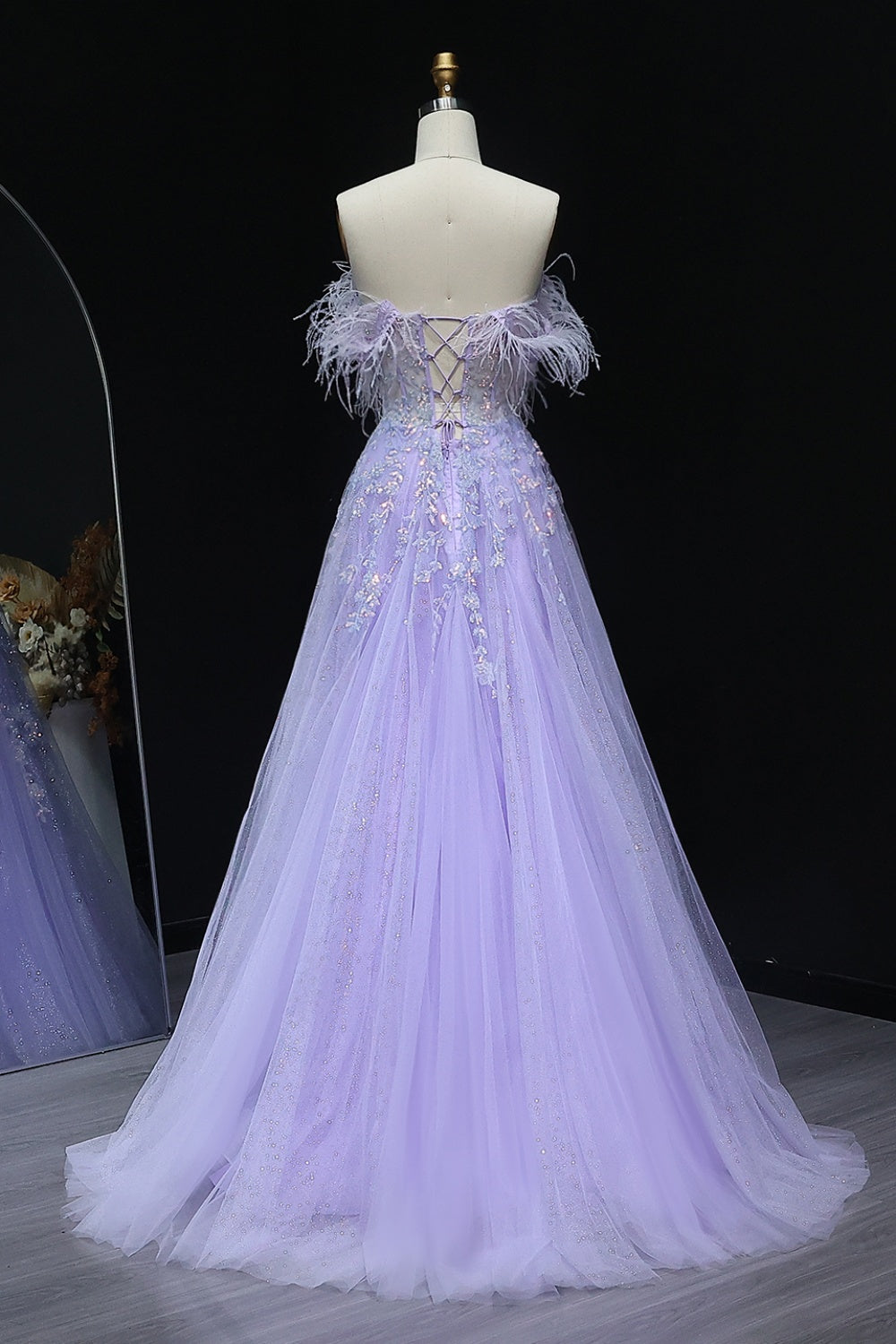 Lavender Tulle Ballgown Lilac Prom Dress with Feather Accents SH231 Sheer Fairy