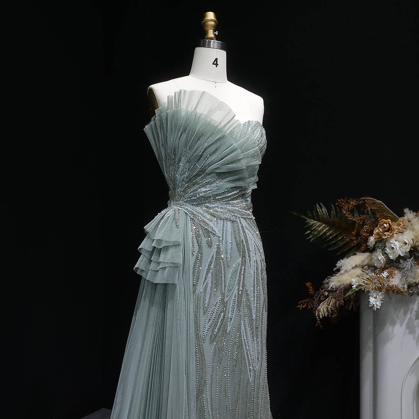 Sage Green One-Shoulder Beaded Tulle Mermaid Prom Dress Evening Gown with Ruffle SH064 Sheer Fairy