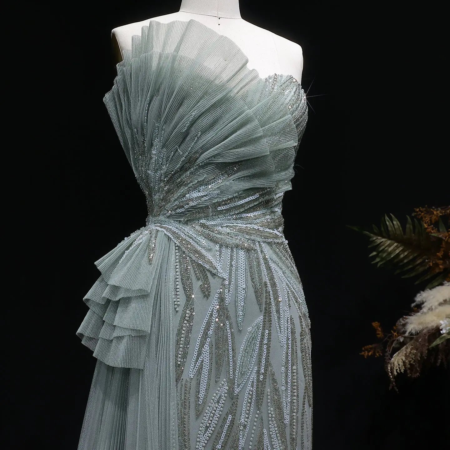 Sage Green One-Shoulder Beaded Tulle Mermaid Prom Dress Evening Gown with Ruffle SH064 Sheer Fairy