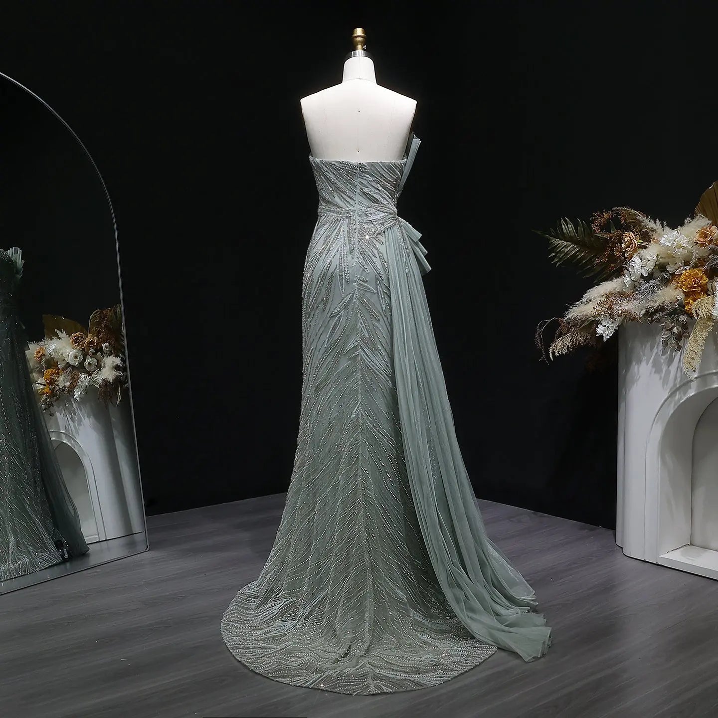 Sage Green One-Shoulder Beaded Tulle Mermaid Prom Dress Evening Gown with Ruffle SH064 Sheer Fairy