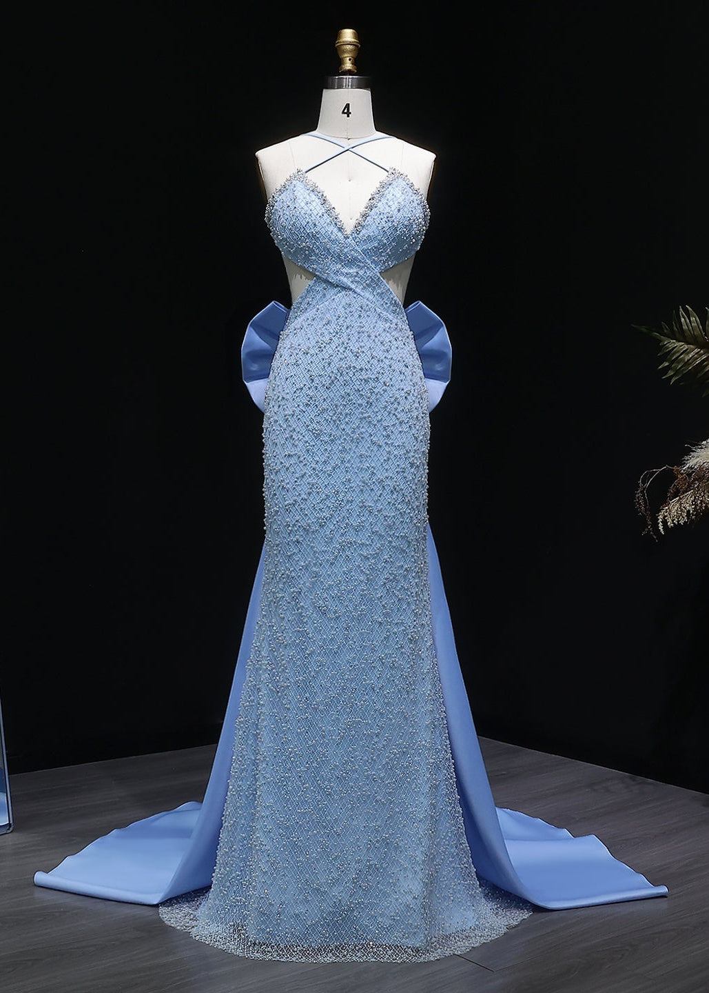 Blue Beaded Mermaid Prom Gown with Crisscross Straps and Train SH066 Sheer Fairy