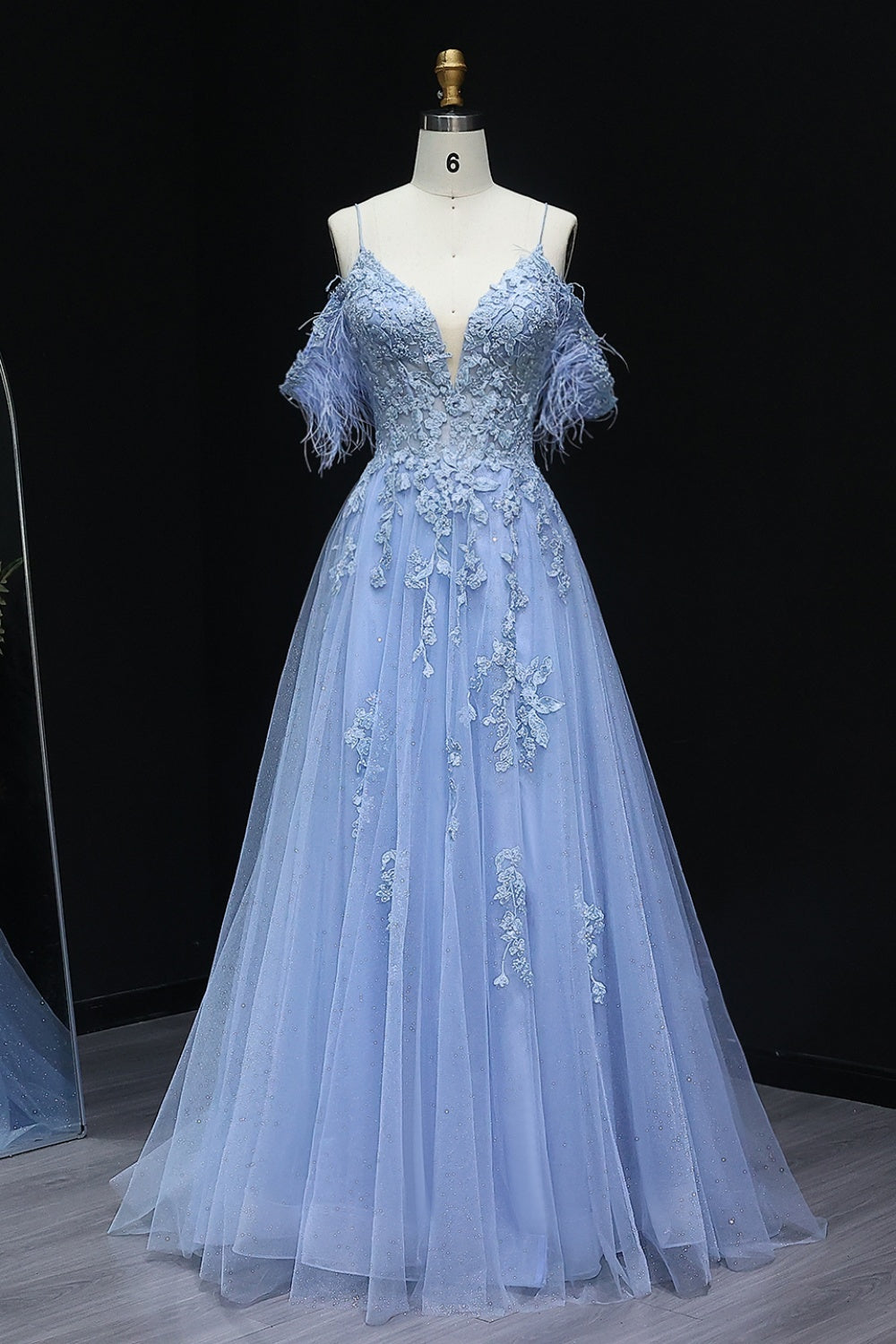 Light Blue V-Neck Ballgown Prom Dress with Feather Accents SH232 Sheer Fairy