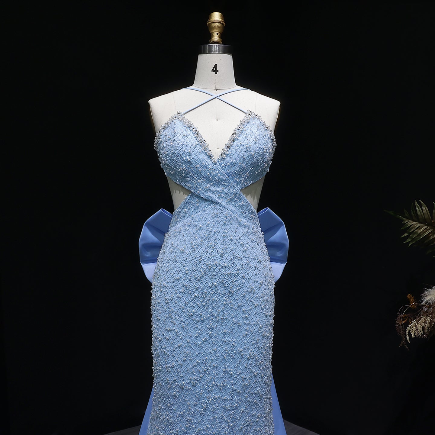 Blue Beaded Mermaid Prom Gown with Crisscross Straps and Train SH066 Sheer Fairy