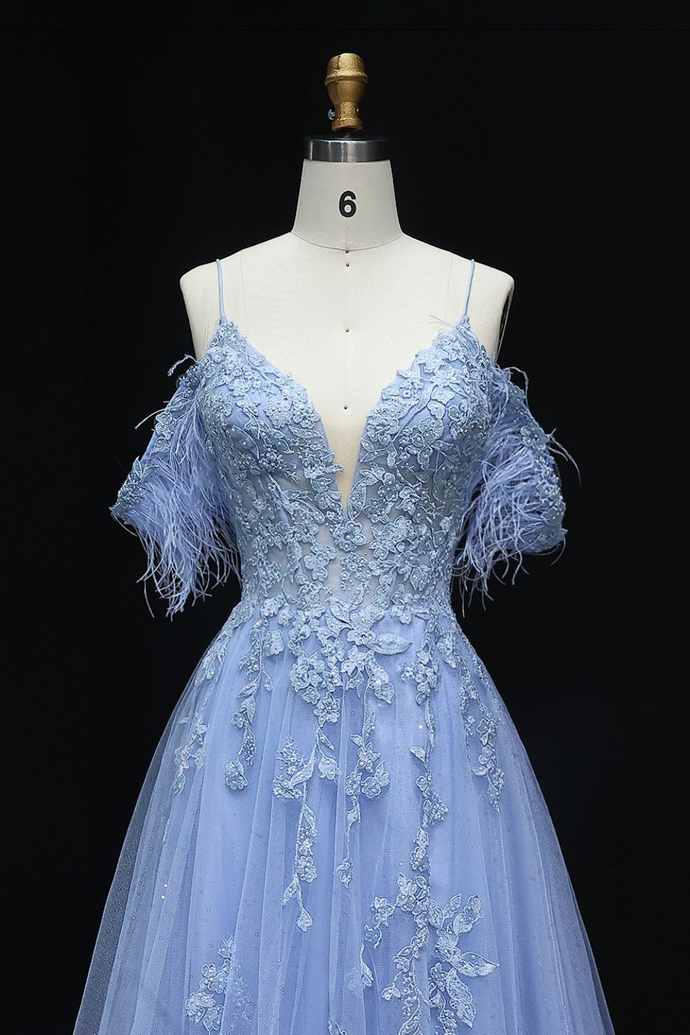 Light Blue V-Neck Ballgown Prom Dress with Feather Accents SH232 Sheer Fairy