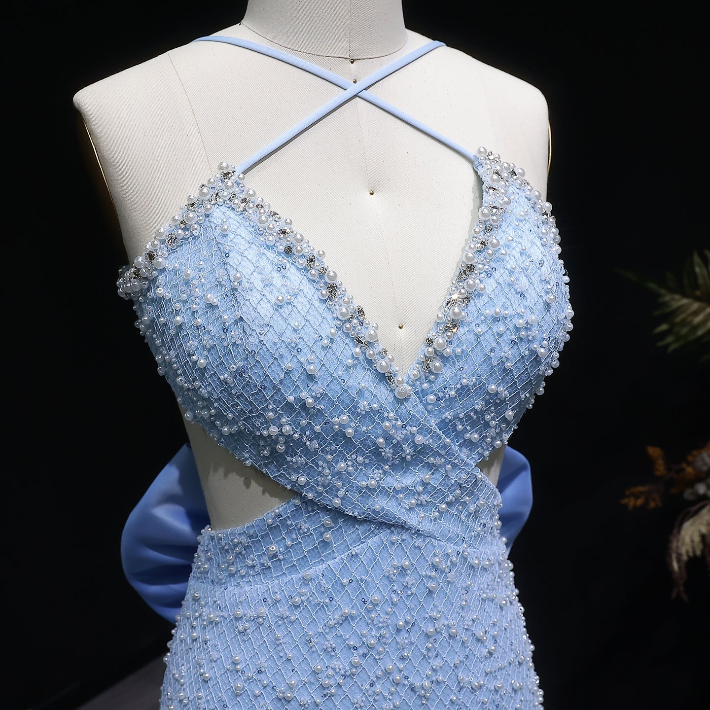 Blue Beaded Mermaid Prom Gown with Crisscross Straps and Train SH066 Sheer Fairy