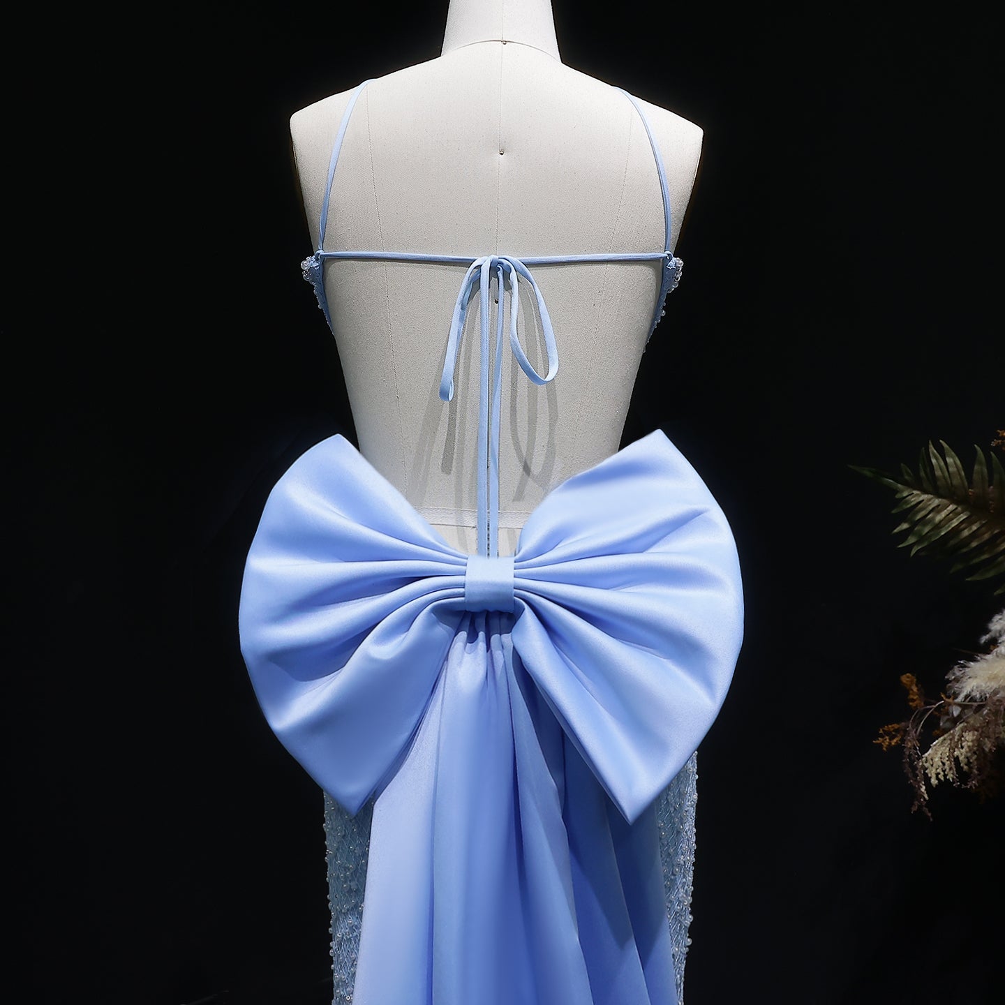 Blue Beaded Mermaid Prom Gown with Crisscross Straps and Train SH066 Sheer Fairy