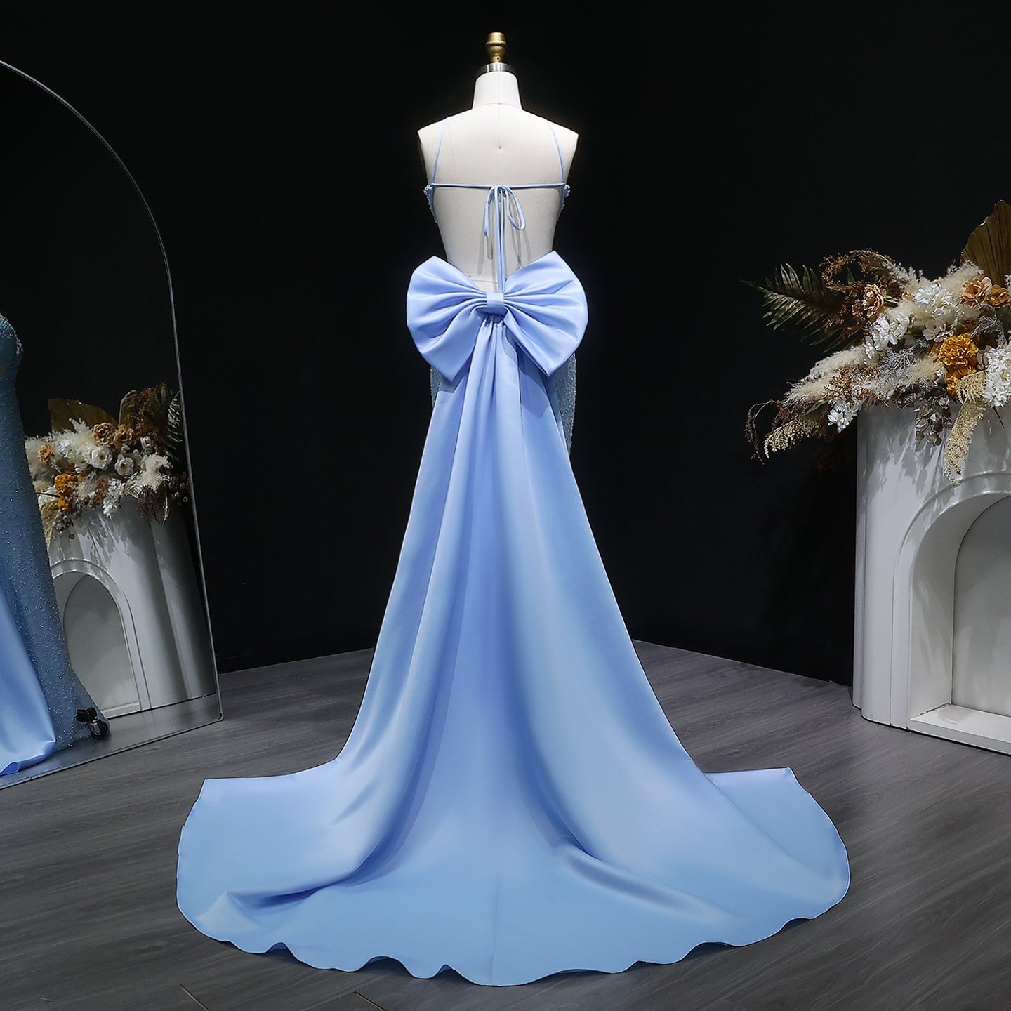 Blue Beaded Mermaid Prom Gown with Crisscross Straps and Train SH066 Sheer Fairy