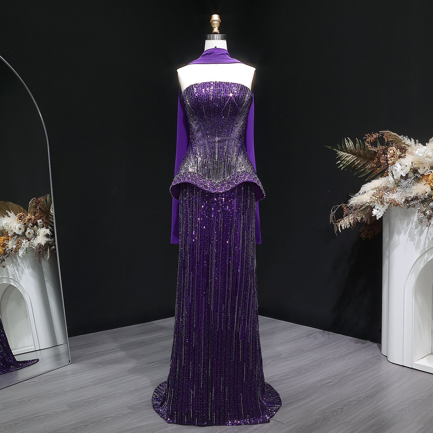 Luxury Purple Strapless Beaded Peplum Mermaid Evening Gown with Draped Scarf SS560 Sheer Fairy