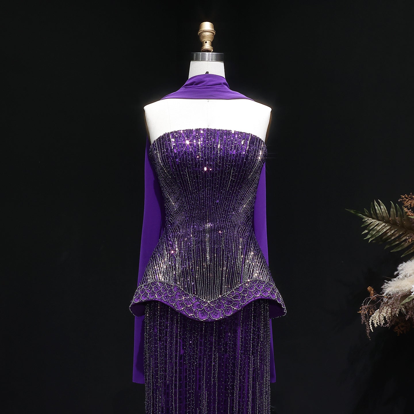 Luxury Purple Strapless Beaded Peplum Mermaid Evening Gown with Draped Scarf SS560 Sheer Fairy