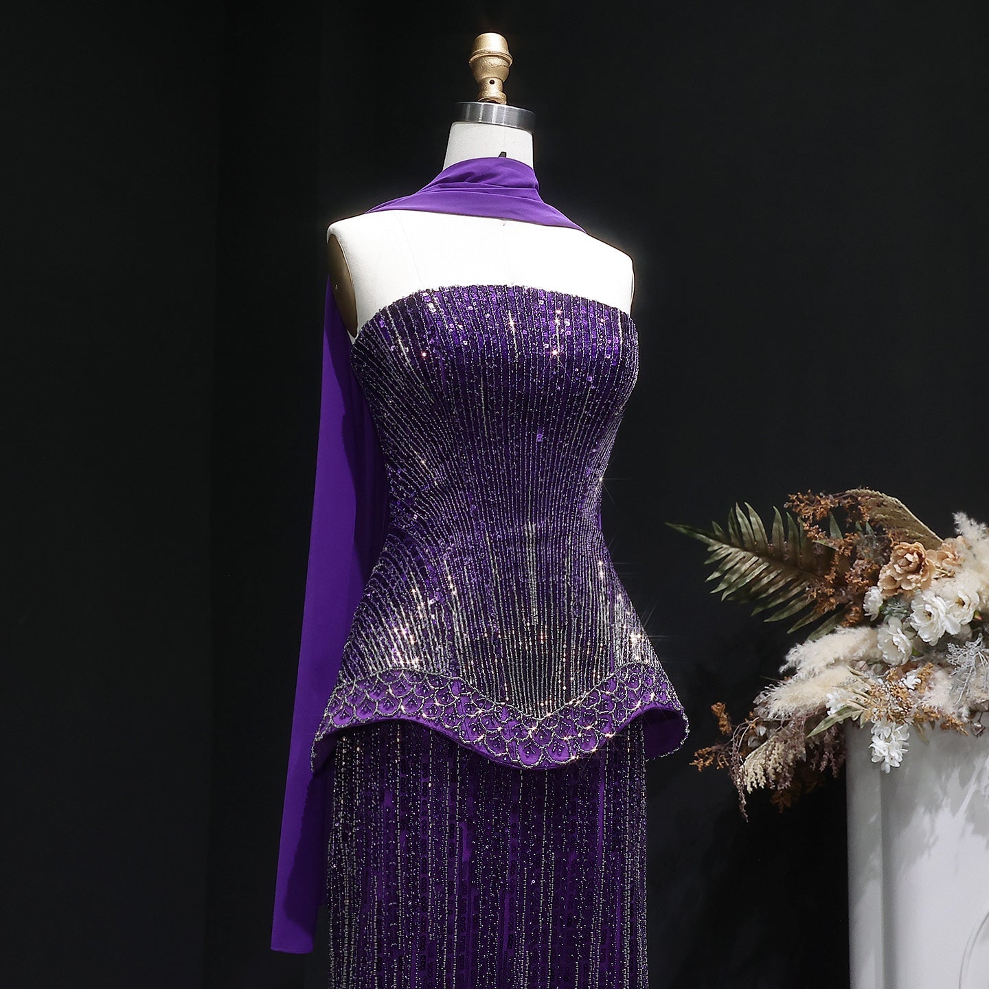 Luxury Purple Strapless Beaded Peplum Mermaid Evening Gown with Draped Scarf SS560 Sheer Fairy