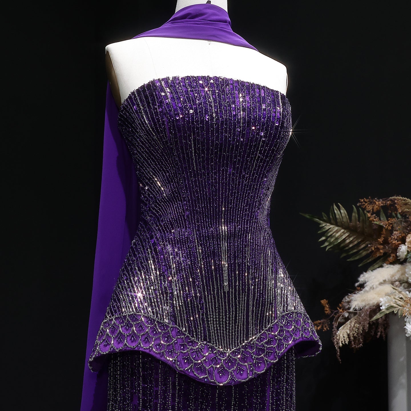 Luxury Purple Strapless Beaded Peplum Mermaid Evening Gown with Draped Scarf SS560 Sheer Fairy