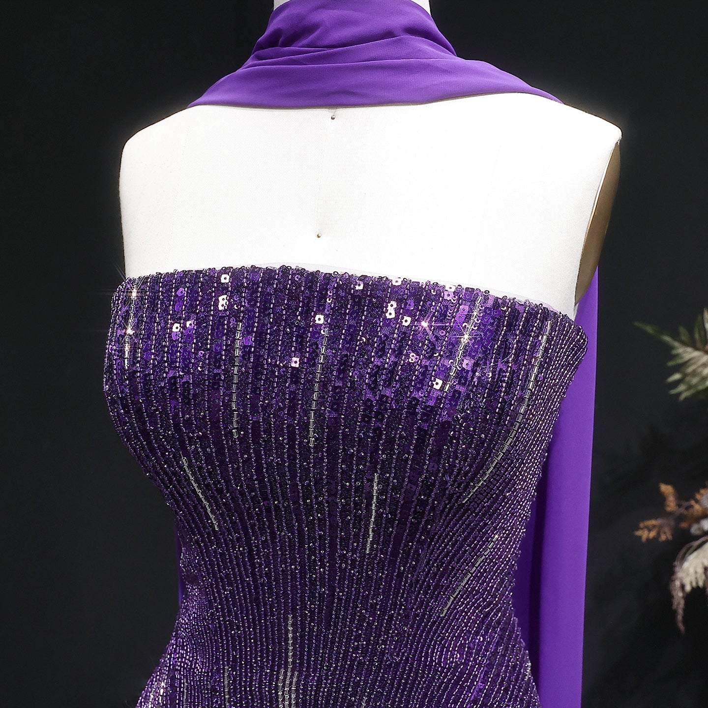 Luxury Purple Strapless Beaded Peplum Mermaid Evening Gown with Draped Scarf SS560 Sheer Fairy