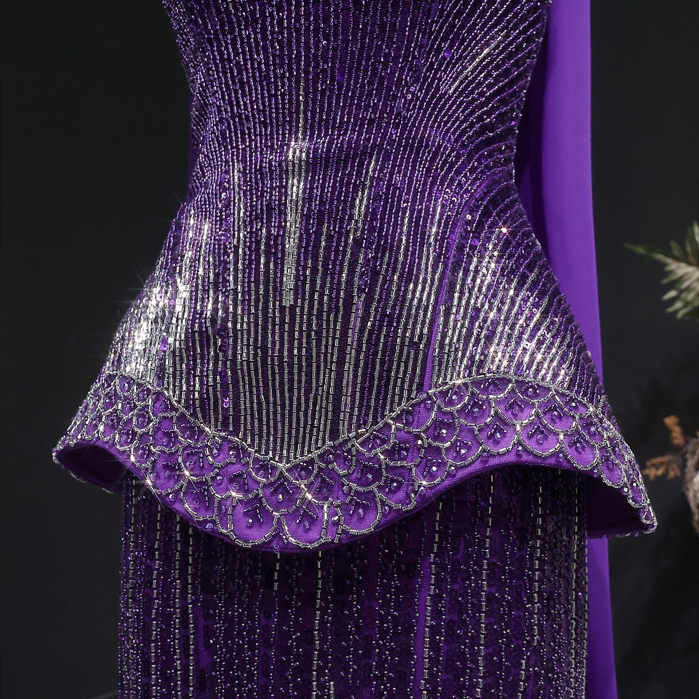 Luxury Purple Strapless Beaded Peplum Mermaid Evening Gown with Draped Scarf SS560 Sheer Fairy