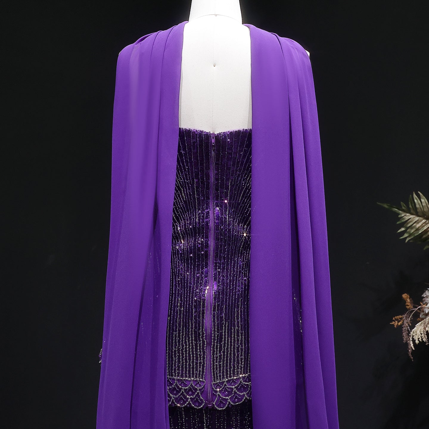 Luxury Purple Strapless Beaded Peplum Mermaid Evening Gown with Draped Scarf SS560 Sheer Fairy