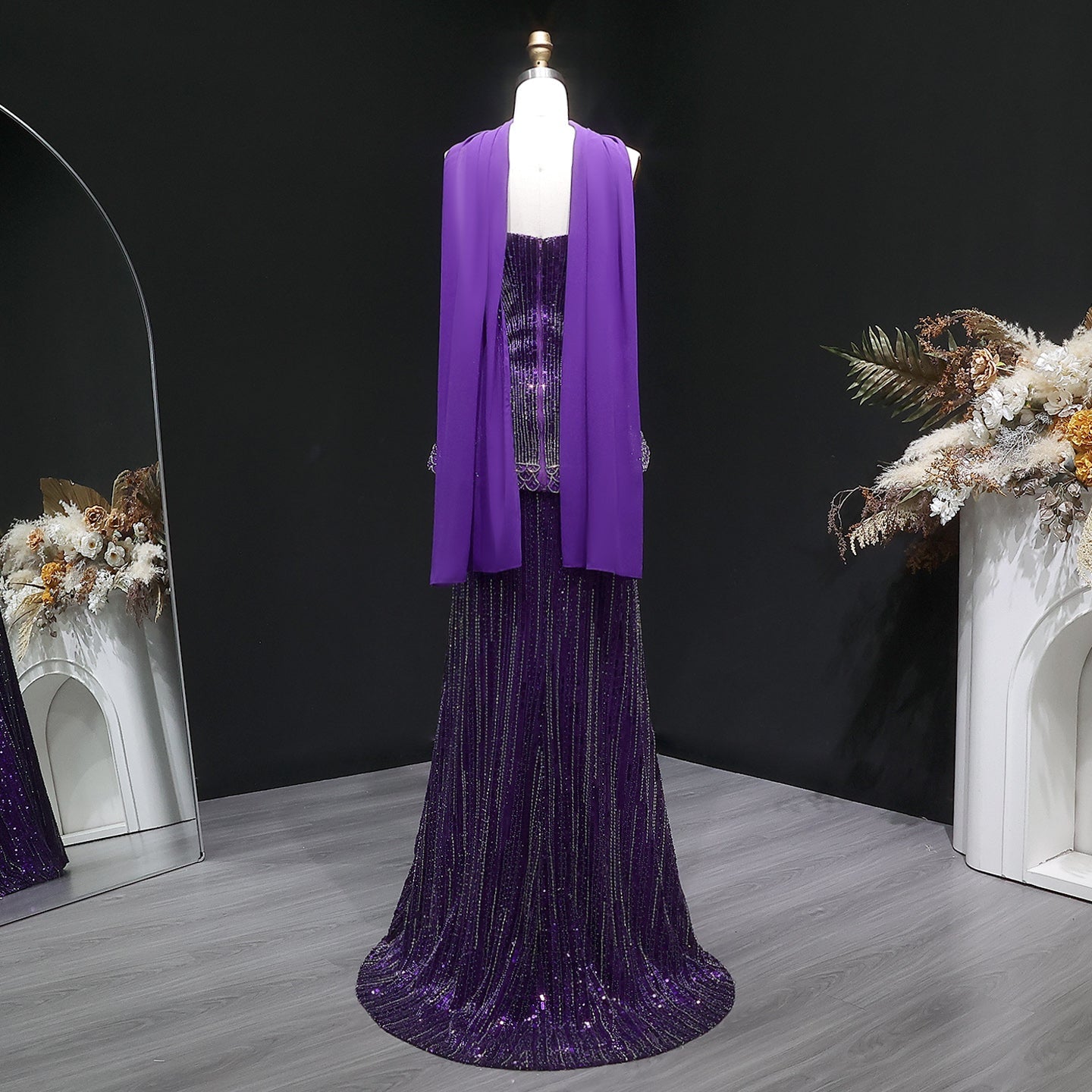 Luxury Purple Strapless Beaded Peplum Mermaid Evening Gown with Draped Scarf SS560 Sheer Fairy