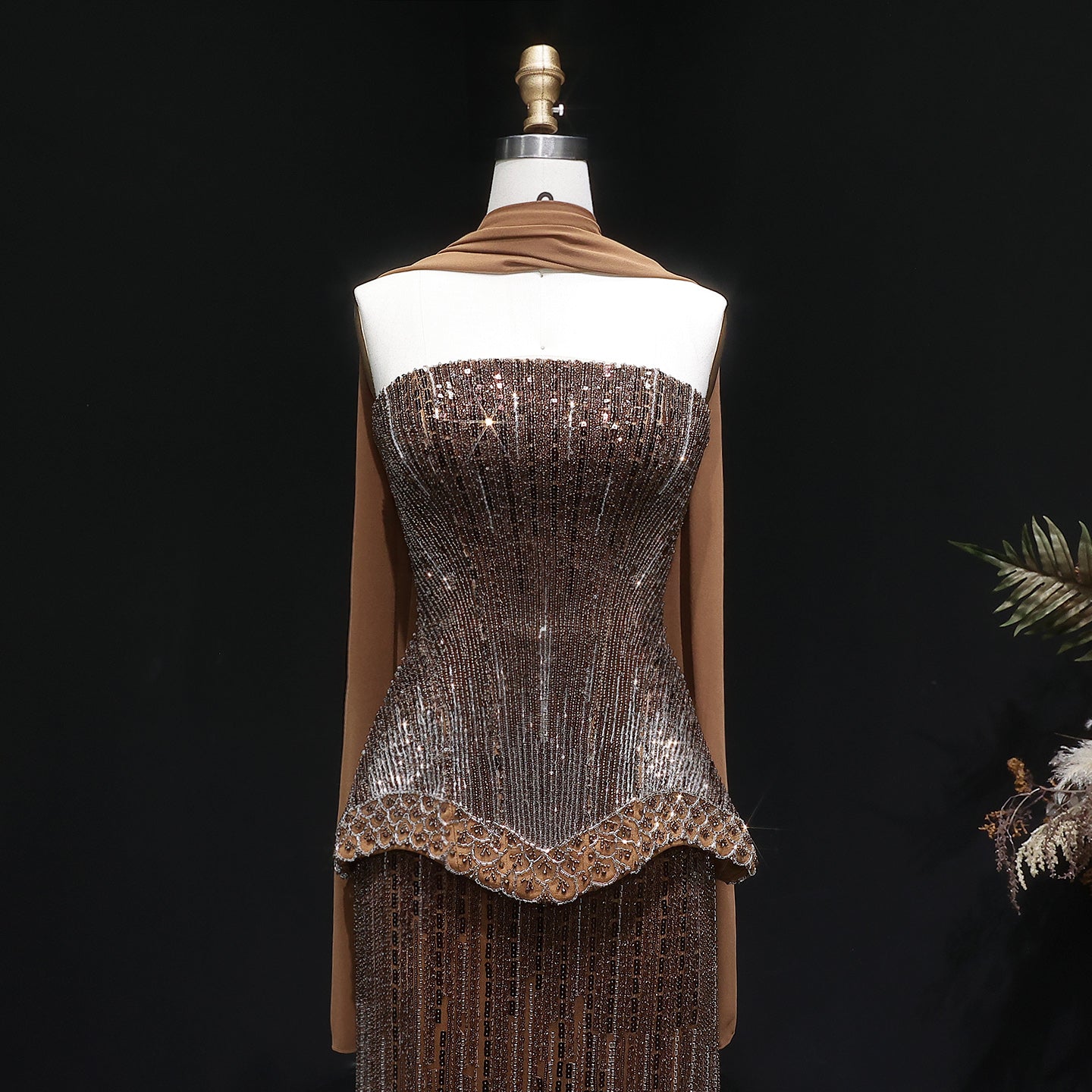 Luxury Purple Strapless Beaded Peplum Mermaid Evening Gown with Draped Scarf SS560 Sheer Fairy