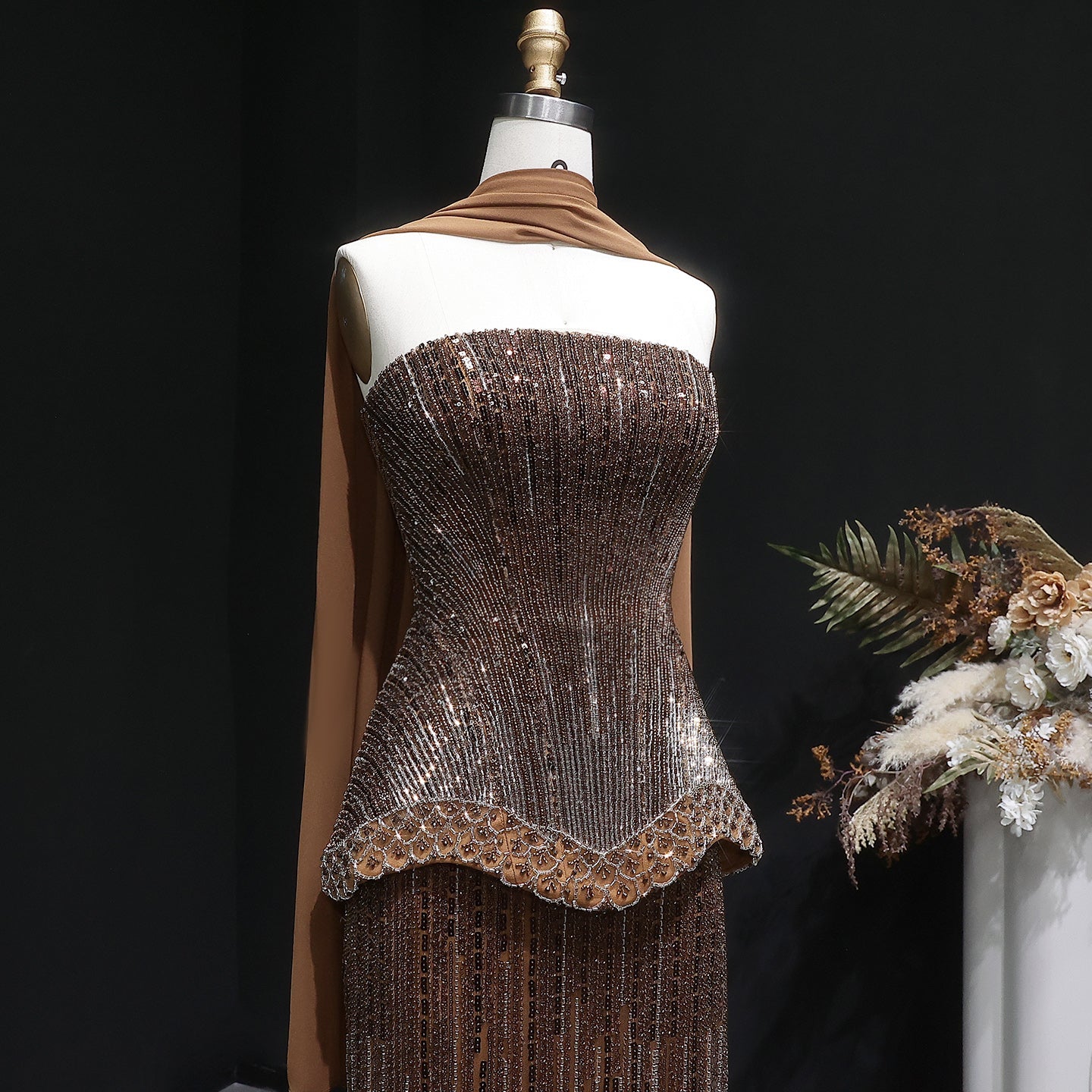 Luxury Purple Strapless Beaded Peplum Mermaid Evening Gown with Draped Scarf SS560 Sheer Fairy