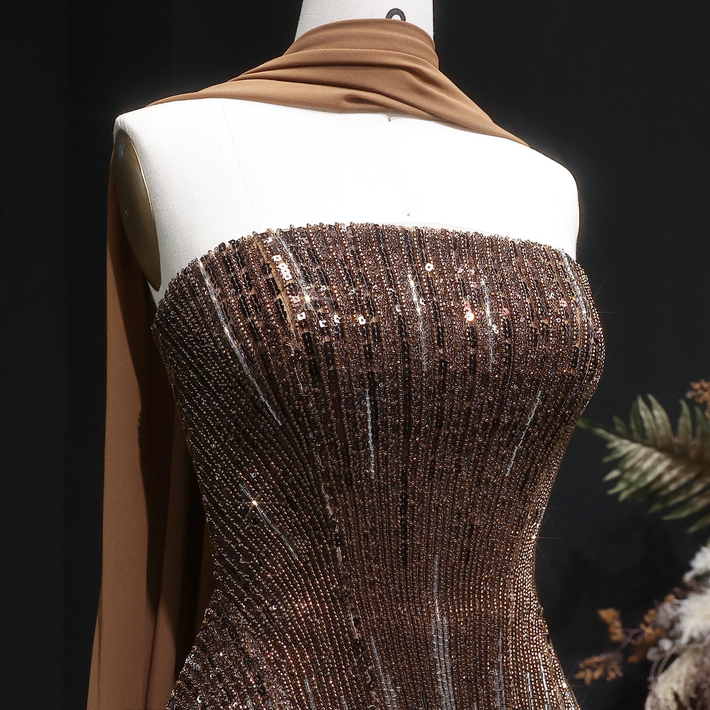Luxury Purple Strapless Beaded Peplum Mermaid Evening Gown with Draped Scarf SS560 Sheer Fairy