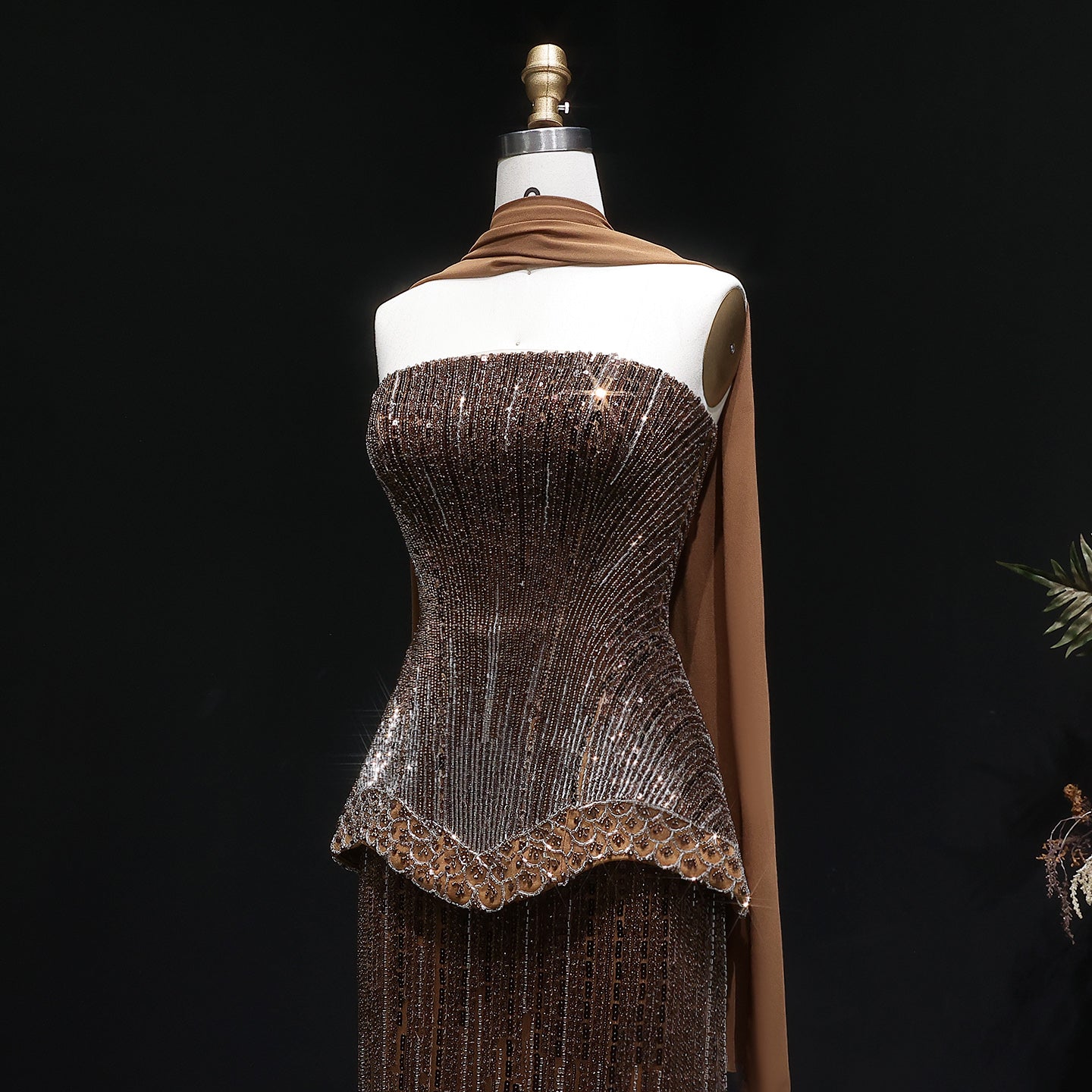 Luxury Purple Strapless Beaded Peplum Mermaid Evening Gown with Draped Scarf SS560 Sheer Fairy