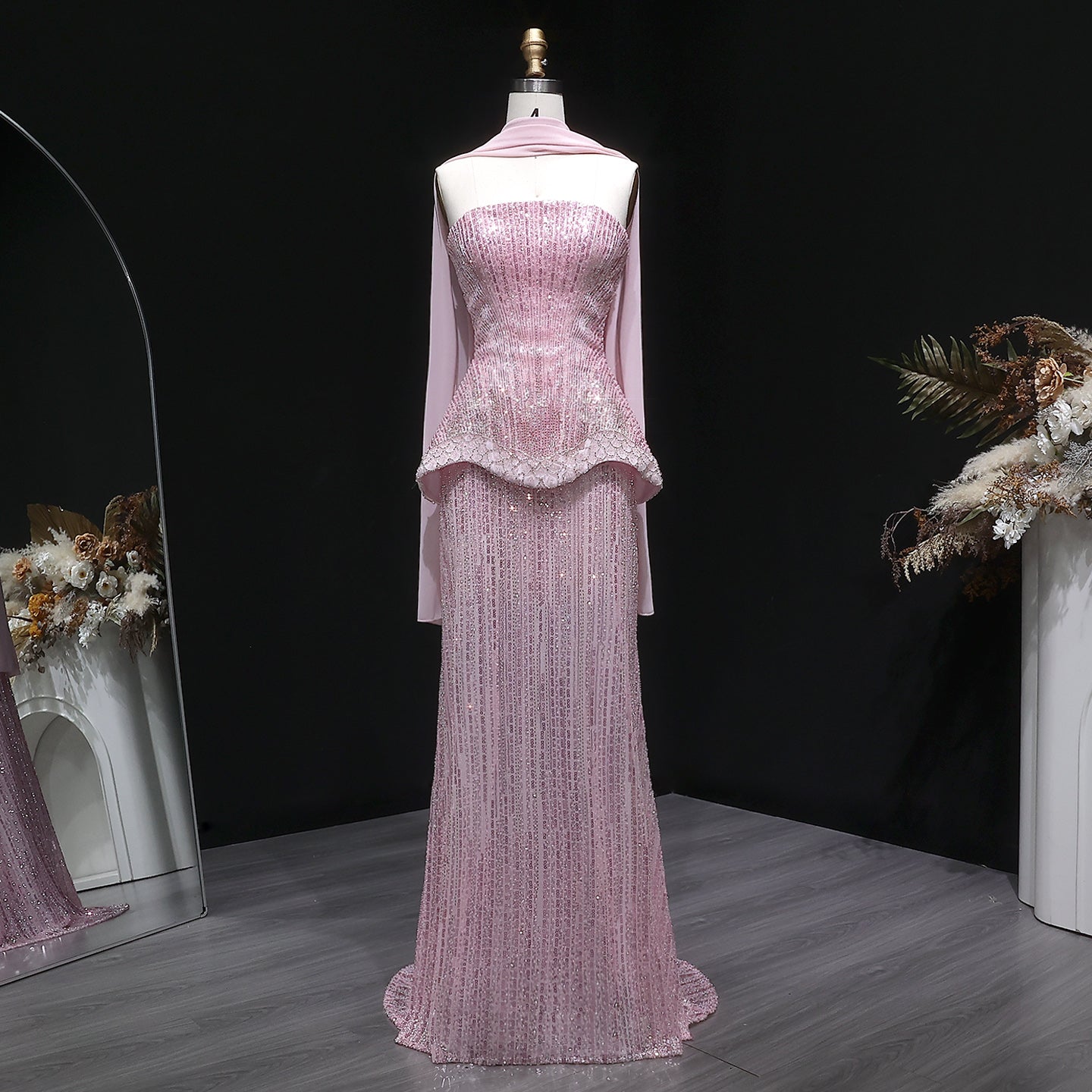 Luxury Purple Strapless Beaded Peplum Mermaid Evening Gown with Draped Scarf SS560 Sheer Fairy