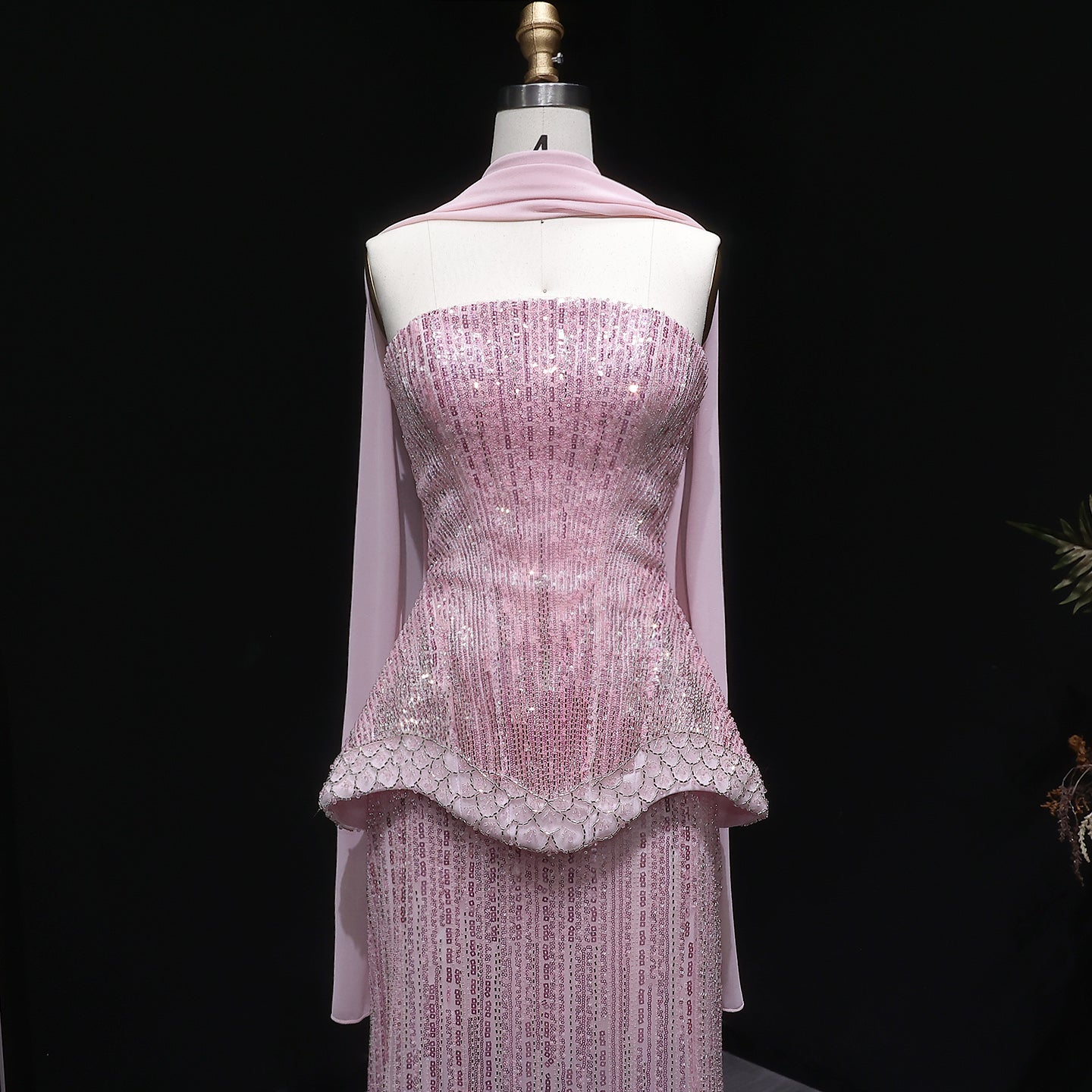 Luxury Purple Strapless Beaded Peplum Mermaid Evening Gown with Draped Scarf SS560 Sheer Fairy