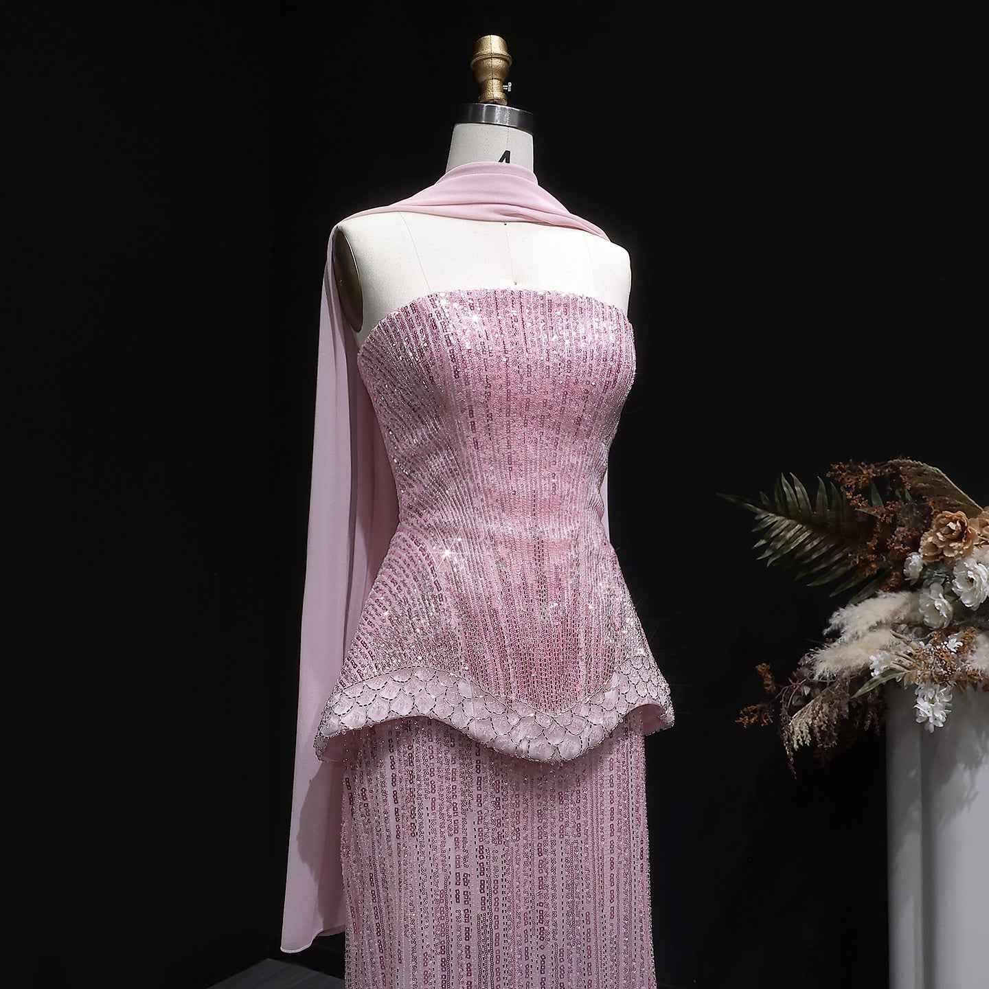 Luxury Purple Strapless Beaded Peplum Mermaid Evening Gown with Draped Scarf SS560 Sheer Fairy